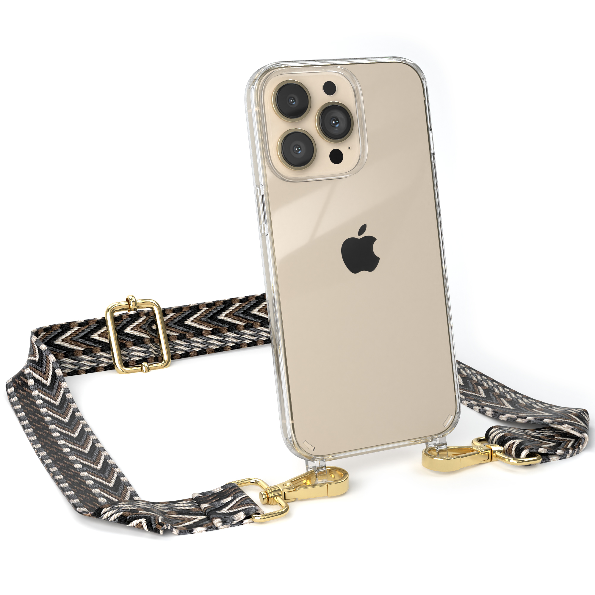 Klares iPhone mit Riemen. Riemen hat schwarz, braunes und weißes geometrisches Design. Die Hülle ist klar.