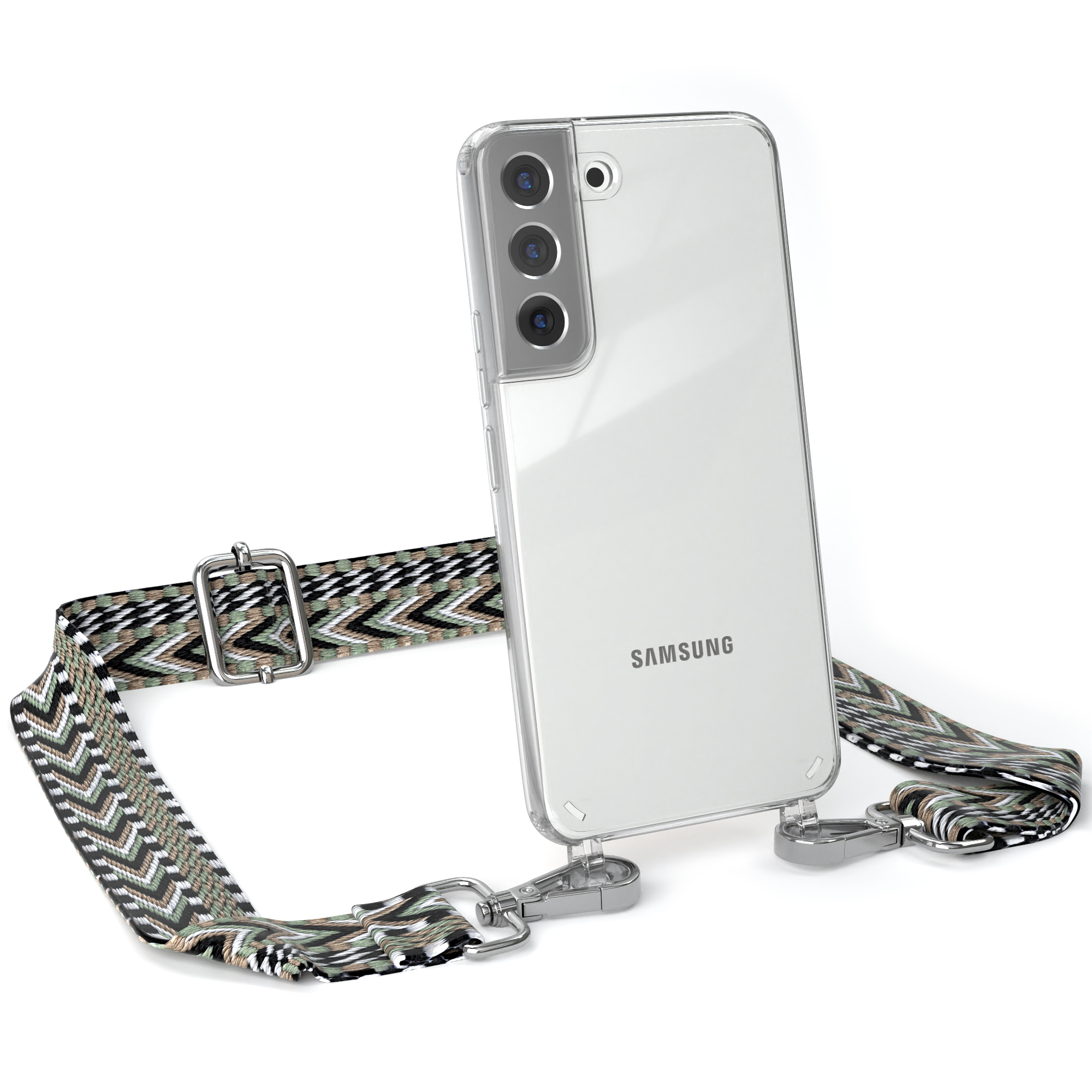 Transparente Handyhülle mit Riemen, graues Telefon, grün-grauer Riemen, silberne Verschlüsse.