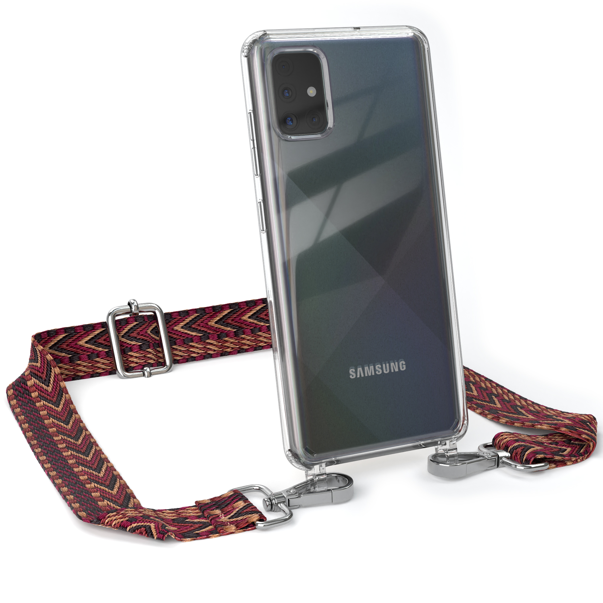 A51, mit Galaxy Transparente EAZY Rot CASE Samsung, Kordel / Braun Style, Boho Umhängetasche, Handyhülle