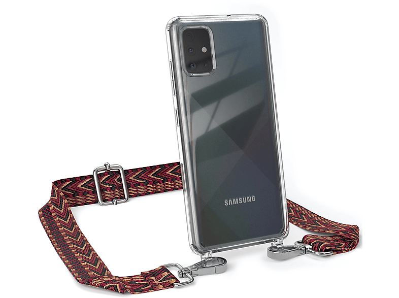 Transparente Braun Boho Umhängetasche, CASE / Style, EAZY Kordel Rot mit Handyhülle Galaxy A51, Samsung,