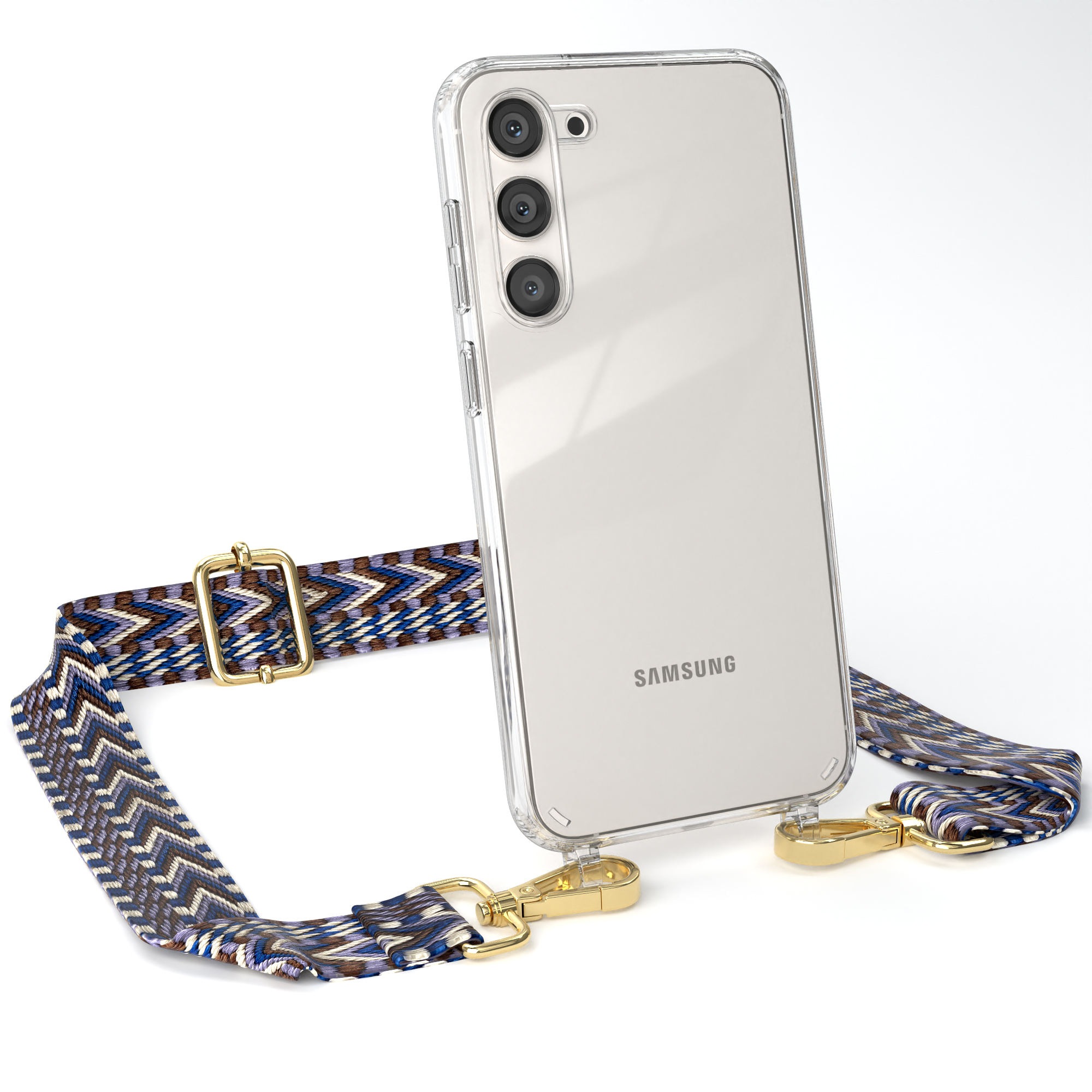 EAZY CASE Transparente Handyhülle mit Galaxy Kordel Plus, Samsung, Umhängetasche, Style, / Blau S23 Boho Weiß