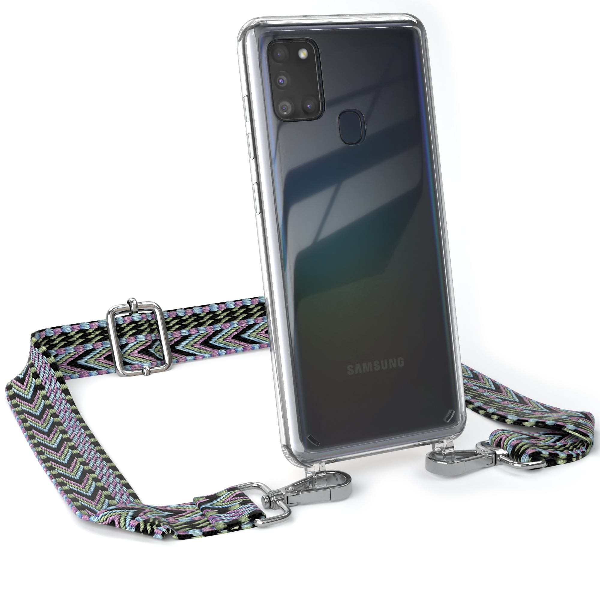 Transparente Handyhülle mit gemustertem Riemen. Das Telefon ist schwarz, der Riemen ist mehrfarbig.