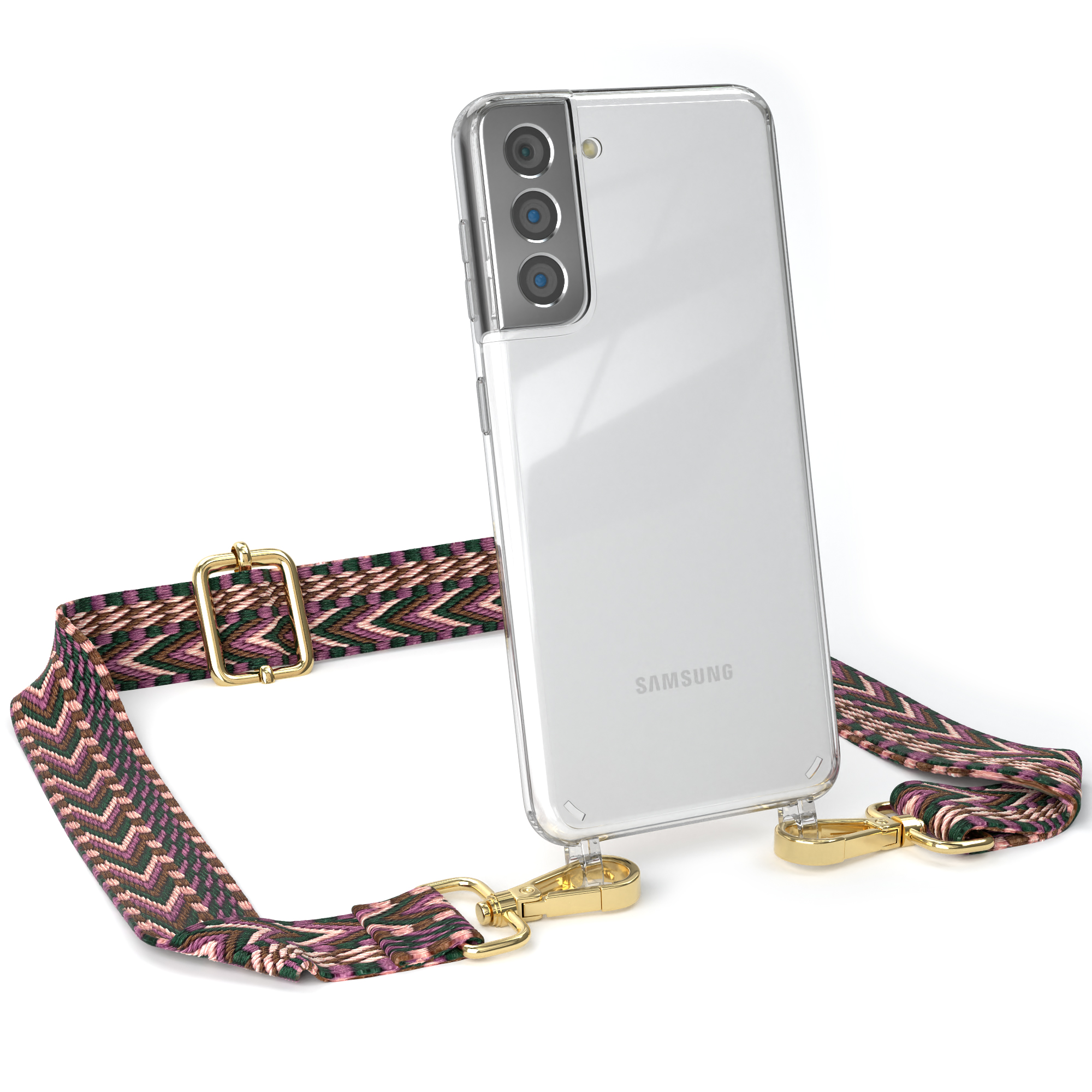 EAZY CASE Transparente Handyhülle Kordel Samsung, Galaxy Rosa Beere / Style, mit Umhängetasche, Boho S21 5G