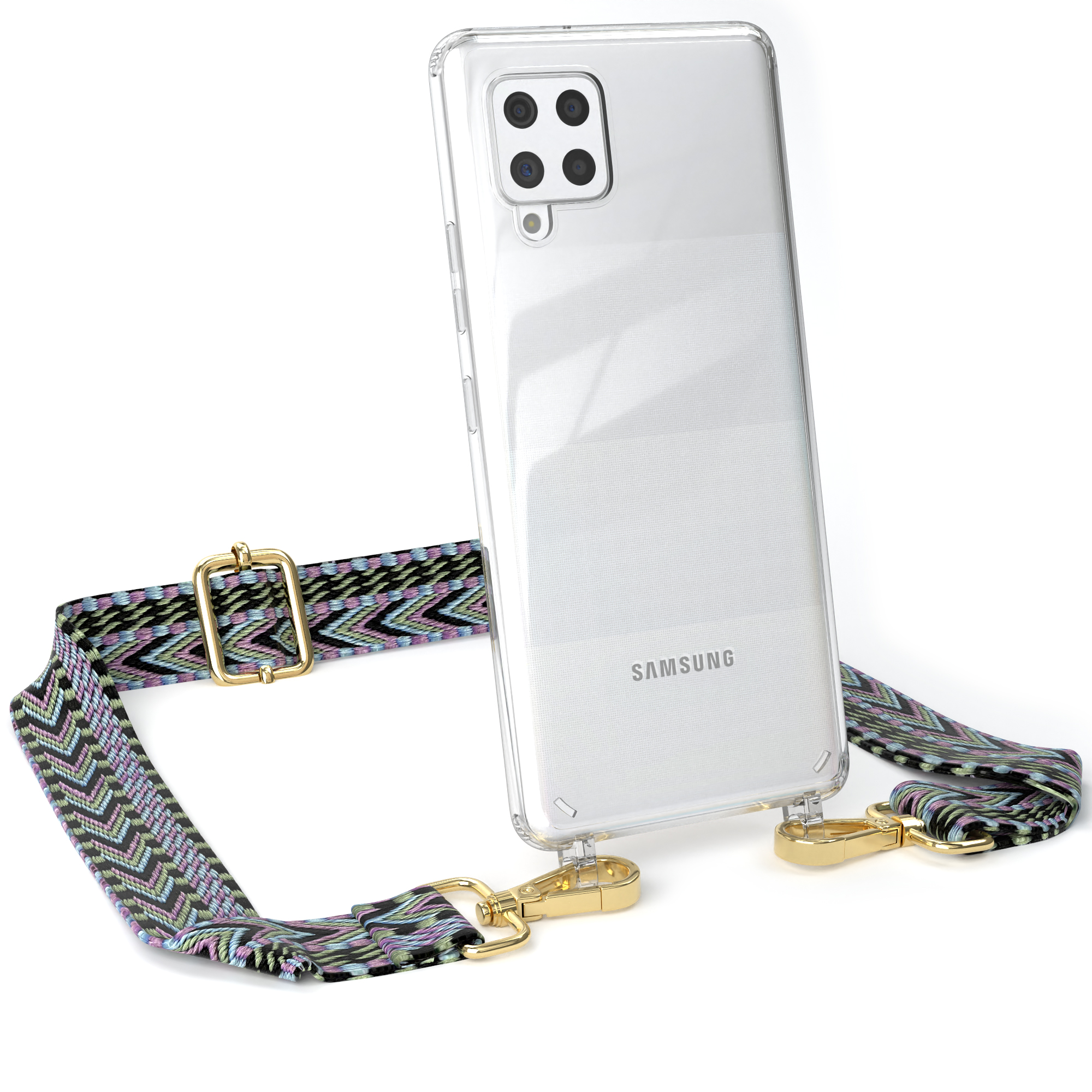 Handyhülle Samsung, CASE Kordel Boho 5G, EAZY Galaxy Violett A42 mit Style, Transparente / Umhängetasche, Grün