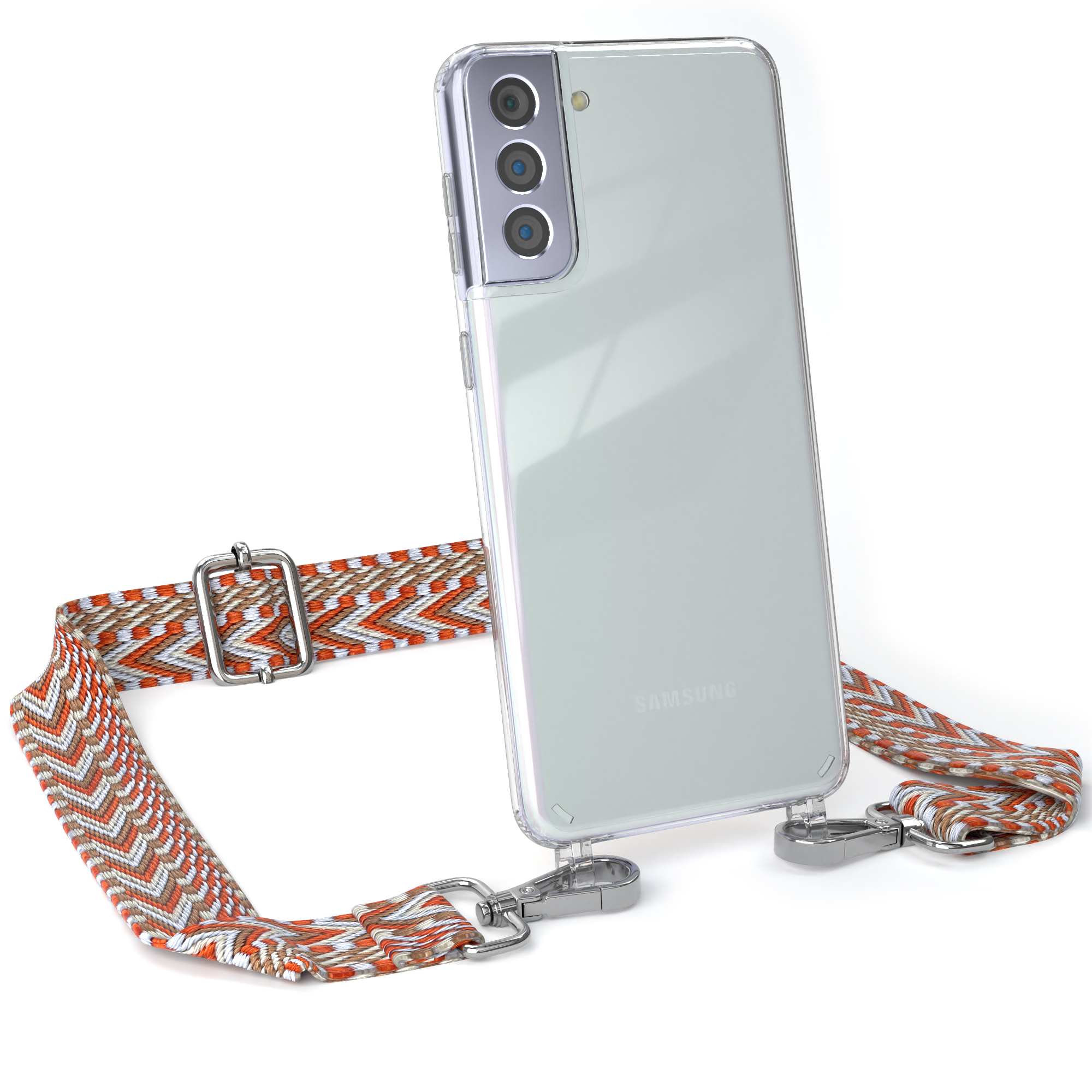 Transparente Handyhülle mit orange-weißem Band. Samsung-Logo sichtbar.