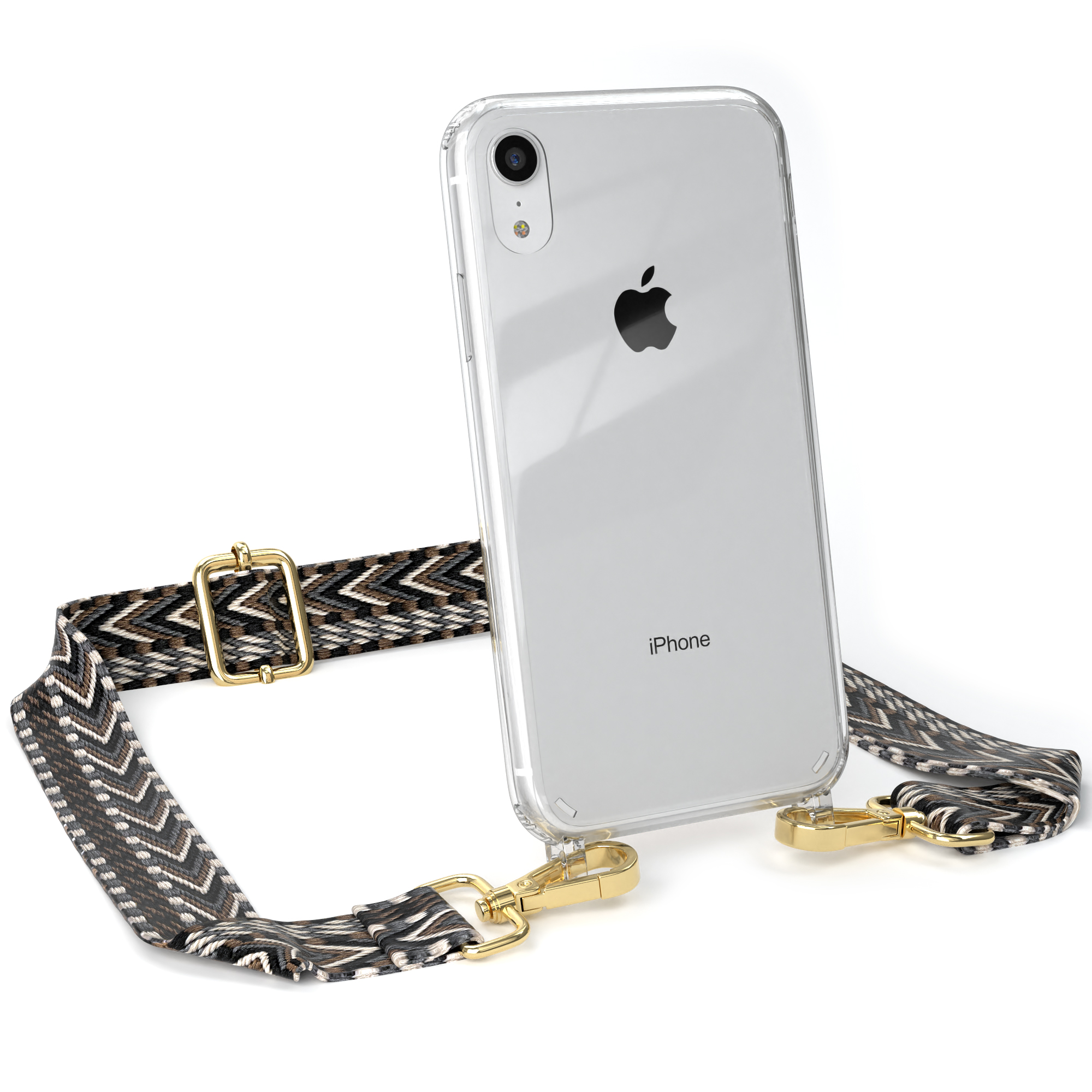 EAZY CASE Transparente XR, Apple, Schwarz Grau / Boho Kordel iPhone Style, mit Umhängetasche, Handyhülle