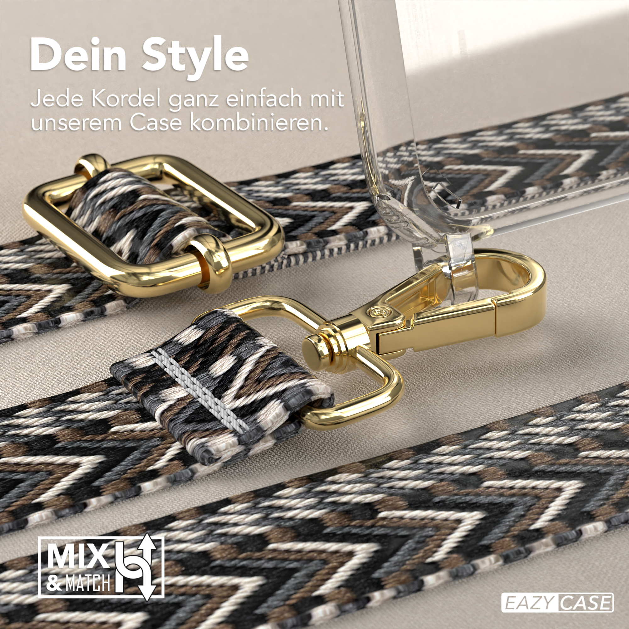 Nahaufnahme eines Handyhüllenriemens und seiner goldenen Metallteile. Der Riemen hat ein Muster.