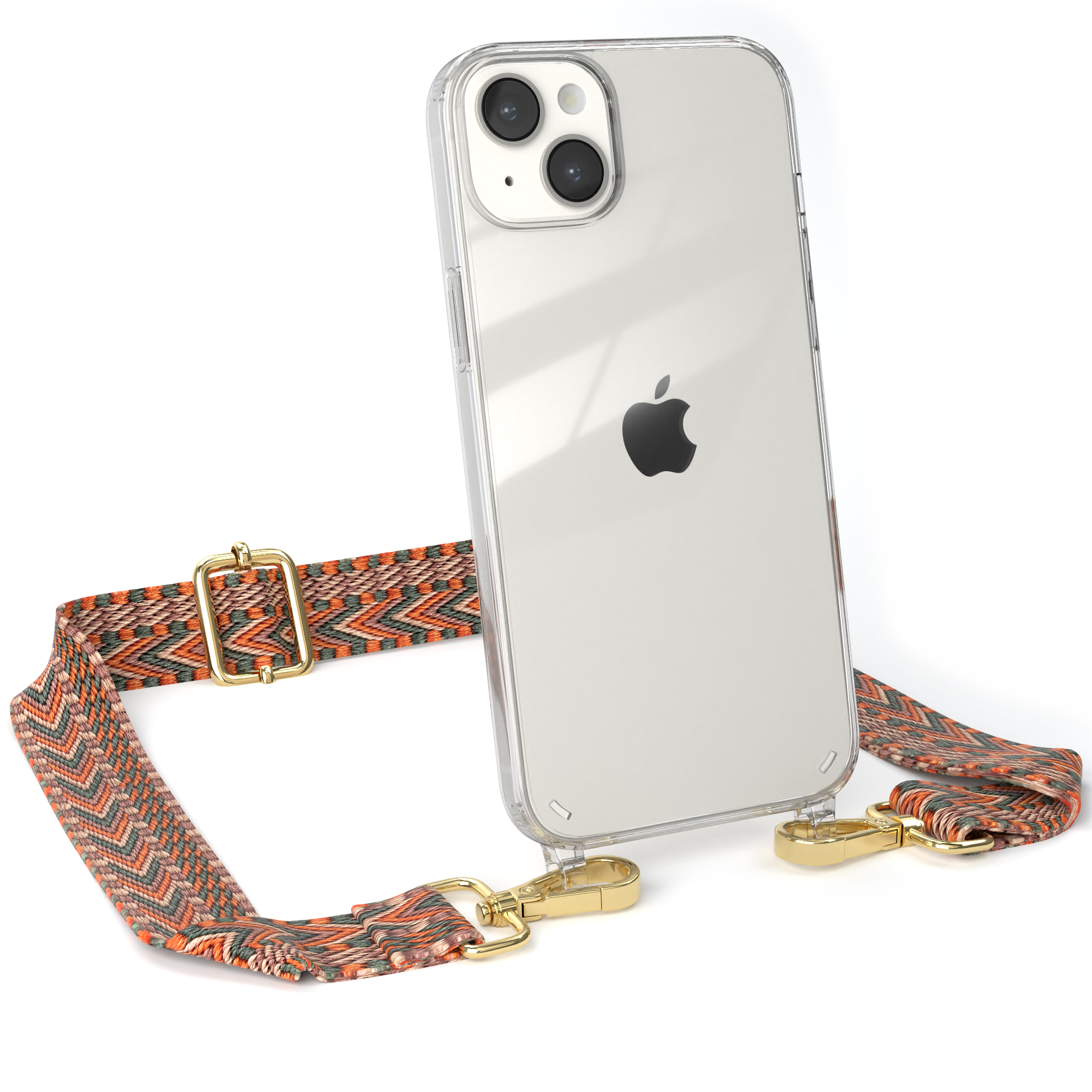 Transparente Handyhülle mit Trageriemen. Goldene Hardware, Apple-Telefon, orangefarbener Chevron-Riemen.