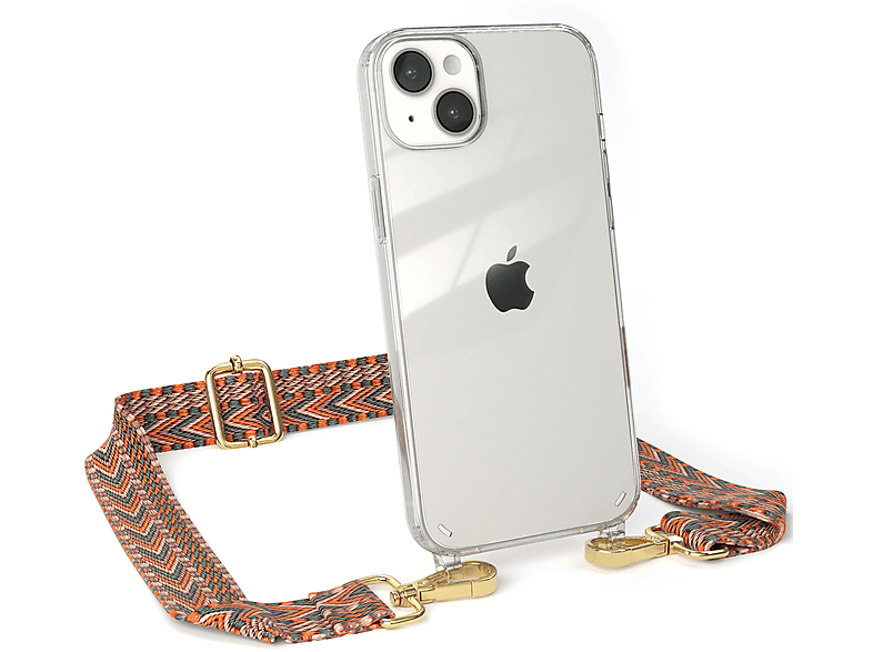 EAZY CASE Transparente Handyhülle mit Kordel Boho Style, Umhängetasche, Apple, iPhone 14 Plus, Orange / Grün