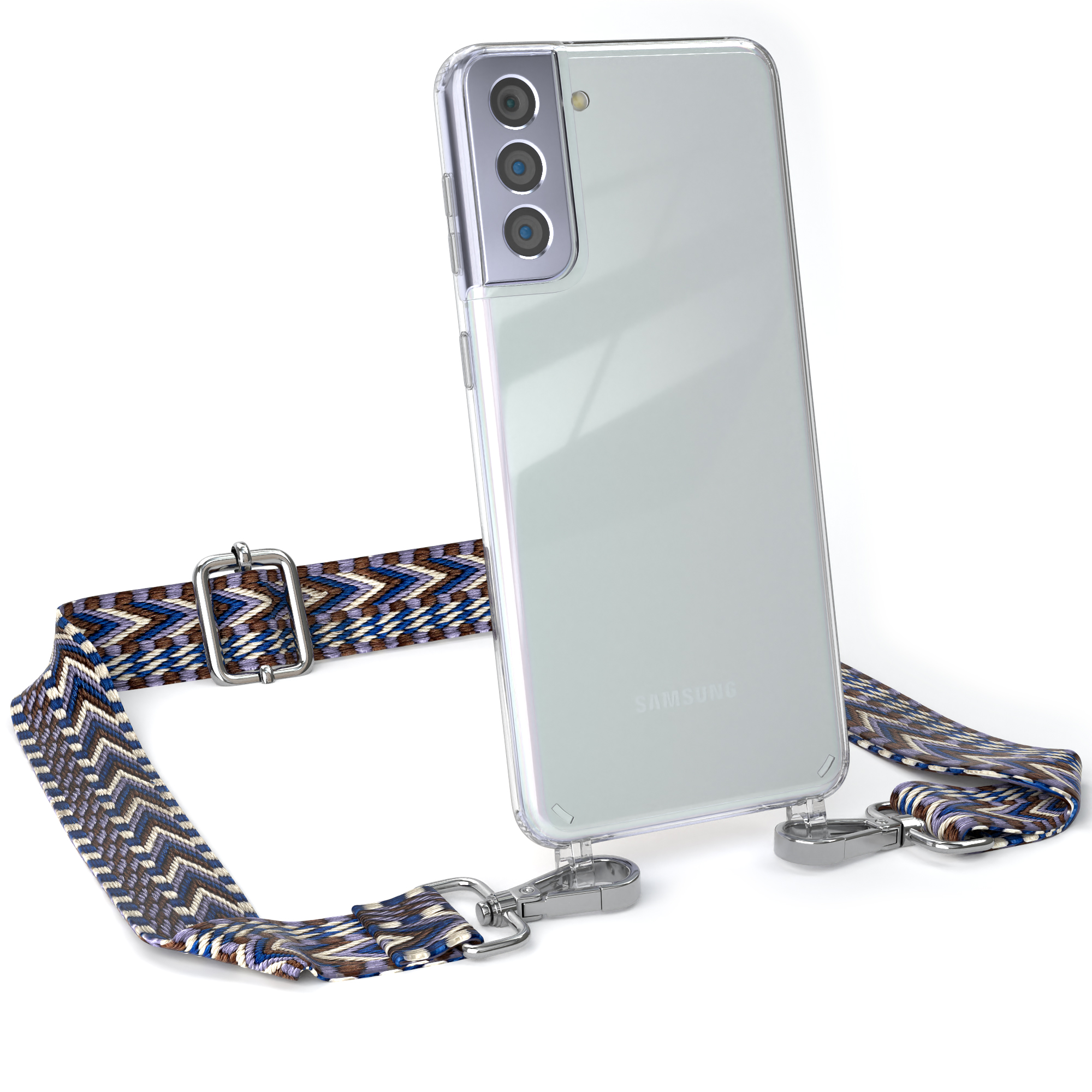 EAZY CASE Transparente mit Galaxy S21 / 5G, Weiß Boho Samsung, Style, Blau Umhängetasche, Handyhülle Kordel Plus