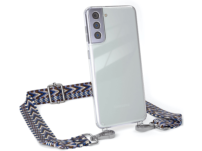 EAZY CASE Transparente Handyhülle mit Kordel Boho Style, Umhängetasche, Samsung, Galaxy S21 Plus 5G, Blau / Weiß