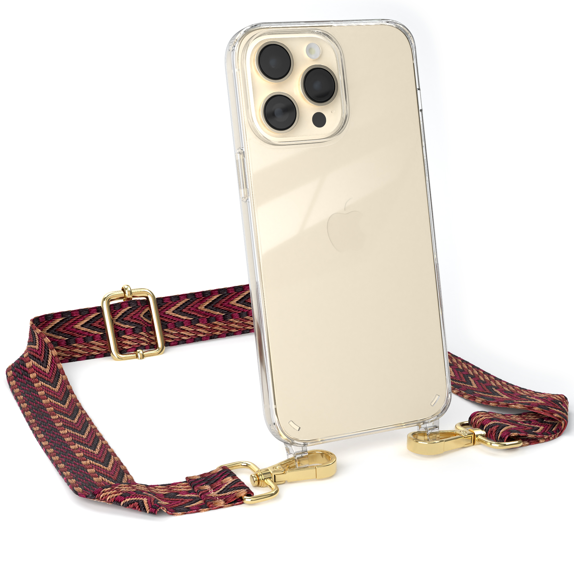 EAZY CASE Transparente Handyhülle 14 Umhängetasche, iPhone / Pro Kordel Boho Braun Apple, Rot mit Style, Max