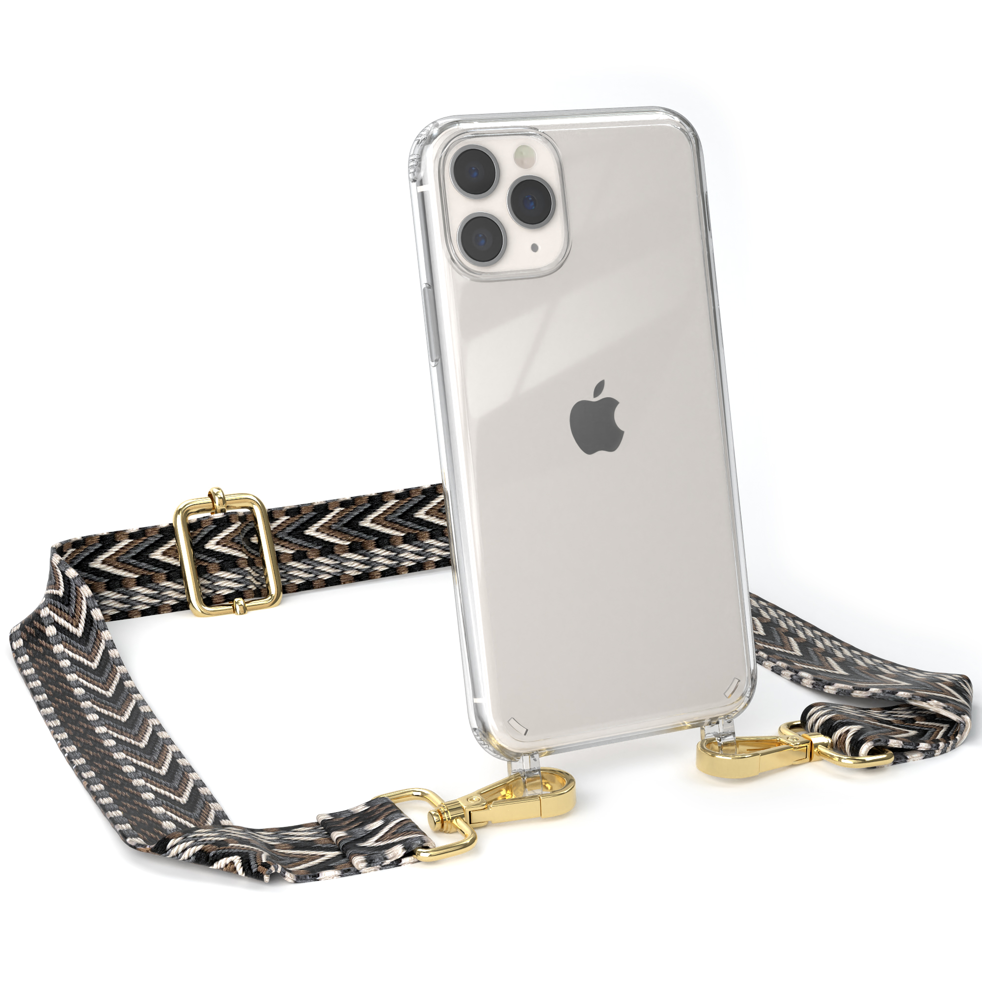 EAZY CASE Transparente Grau Handyhülle Kordel Style, Pro, 11 Schwarz / Boho iPhone mit Umhängetasche, Apple