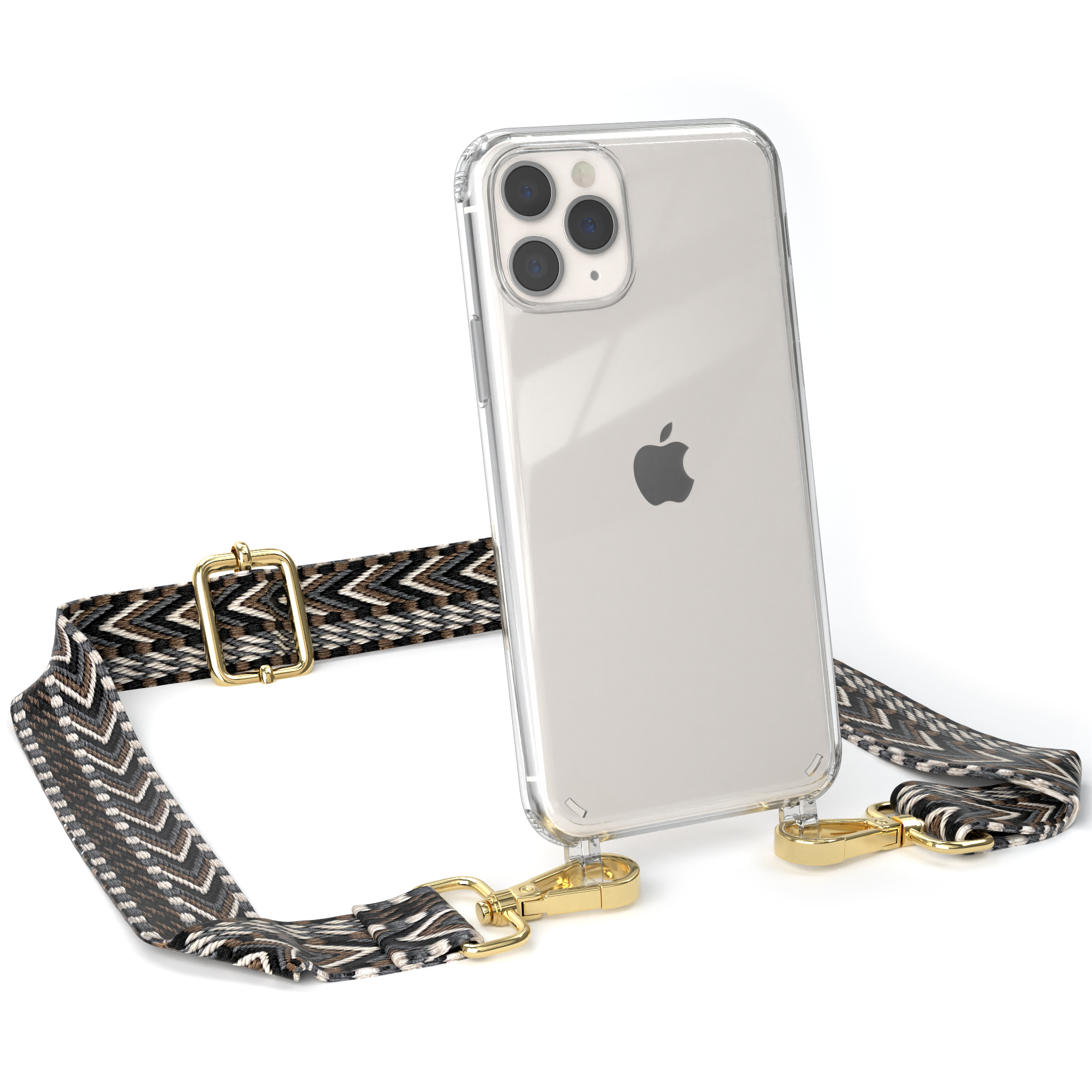 Transparente iPhone-Hülle mit Lanyard. Der Riemen hat ein schwarz-weißes Zickzackmuster.