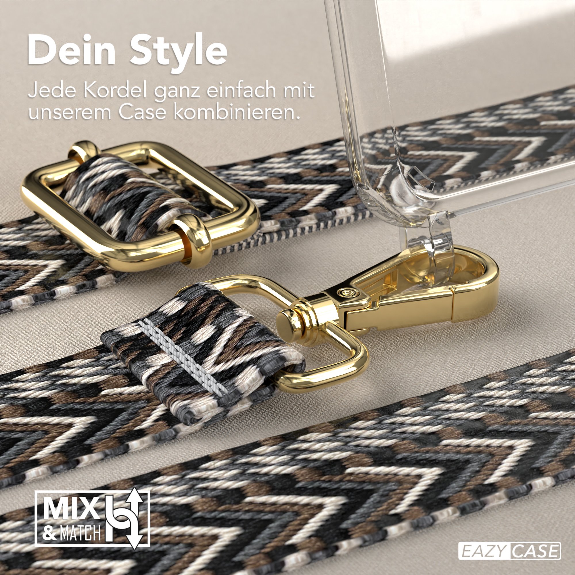 Nahaufnahme eines Riemens mit goldenem Verschluss. Der Riemen hat ein schwarzes, graues und weißes Zickzackmuster.