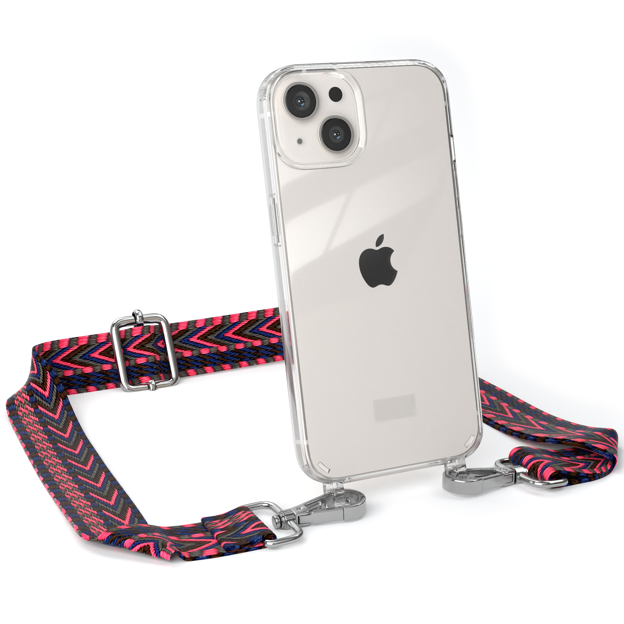 Transparente Handyhülle mit Riemen, silbernen Verschlüssen. Telefon mit Apple Logo.