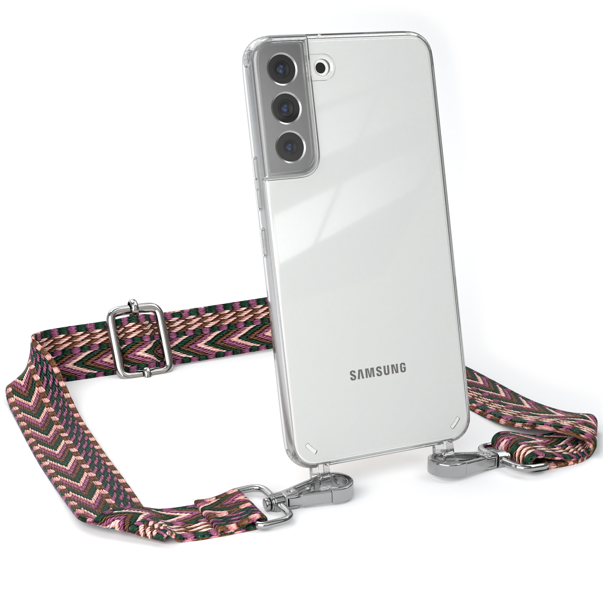 Transparente Handyhülle mit rosafarbenem Riemen. Samsung-Telefon. Weißer Hintergrund.
