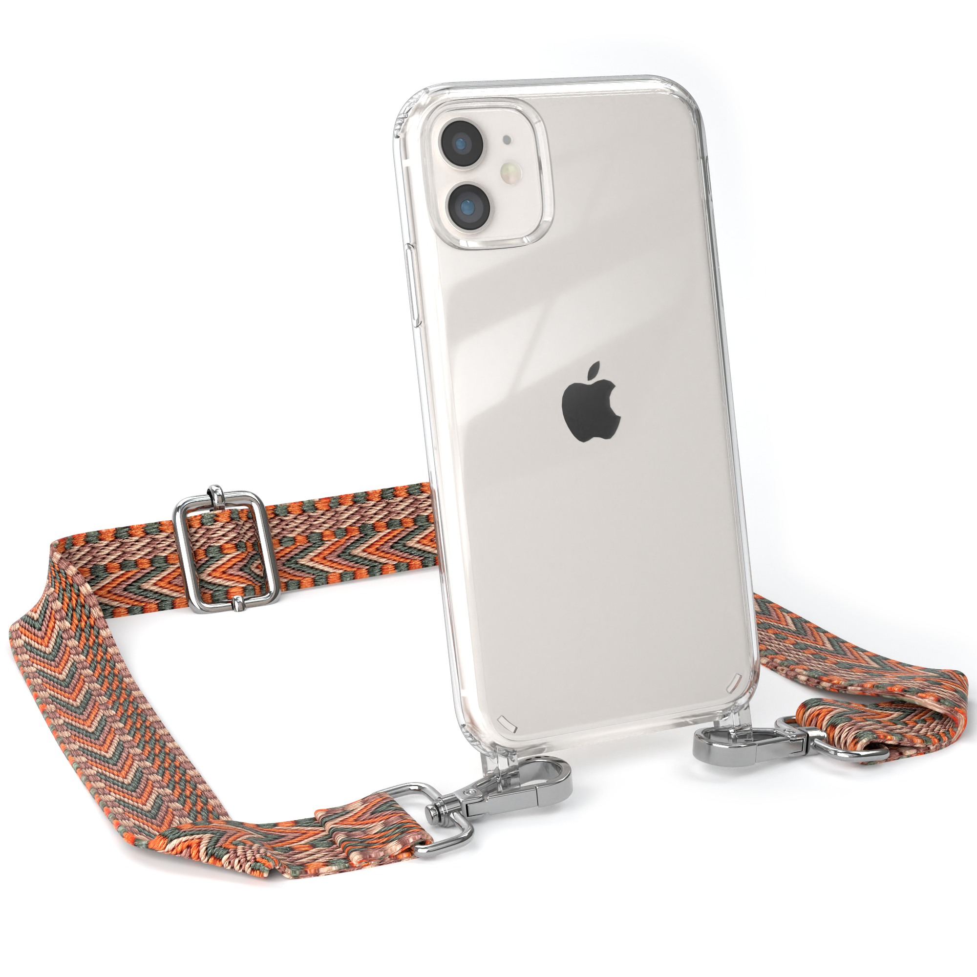 Transparente iPhone Hülle mit Band. Das Telefon ist sichtbar, mit einem orange-grauen Band.