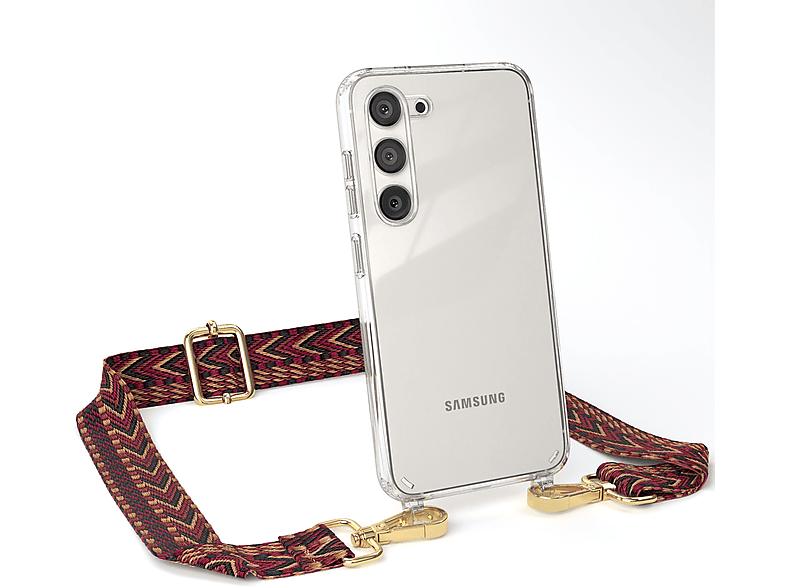 Umhängetasche, Samsung, mit Handyhülle Galaxy S23, Rot Kordel Style, CASE EAZY Transparente Boho / Braun