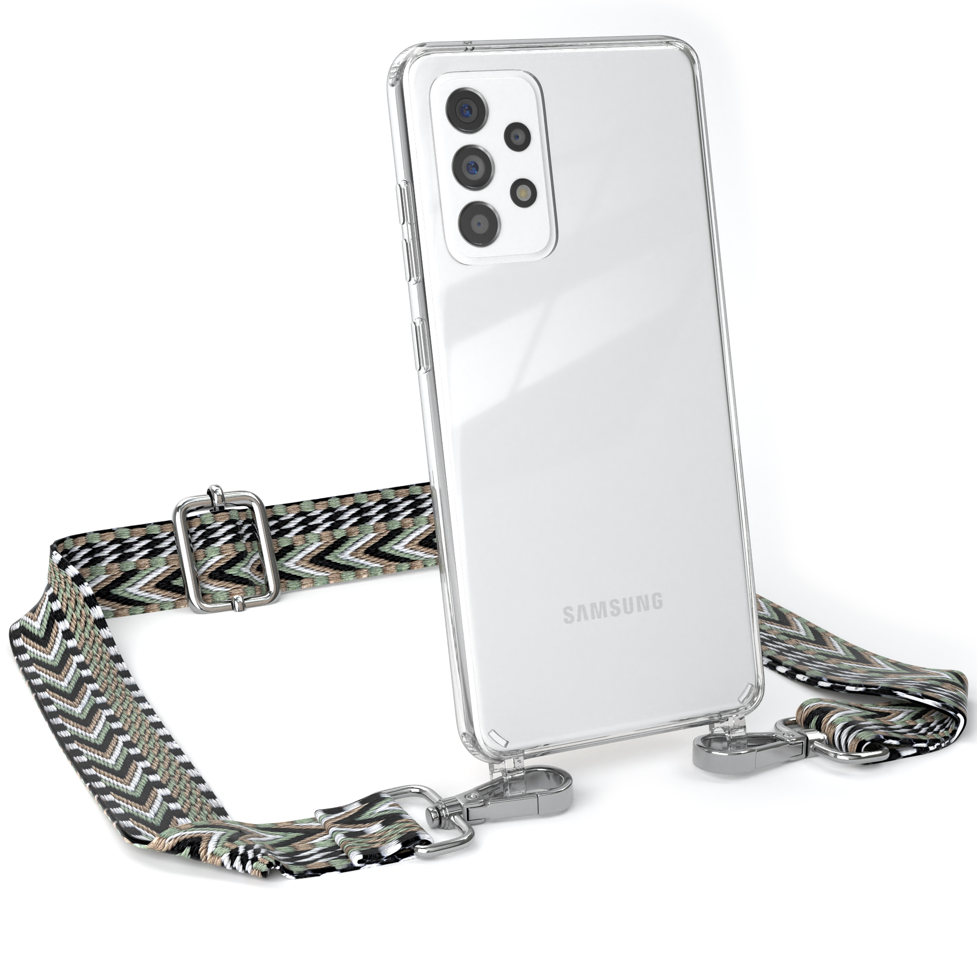 Transparente Handyhülle mit gemustertem Riemen, befestigt an einem Samsung-Handy. Weißer Hintergrund.