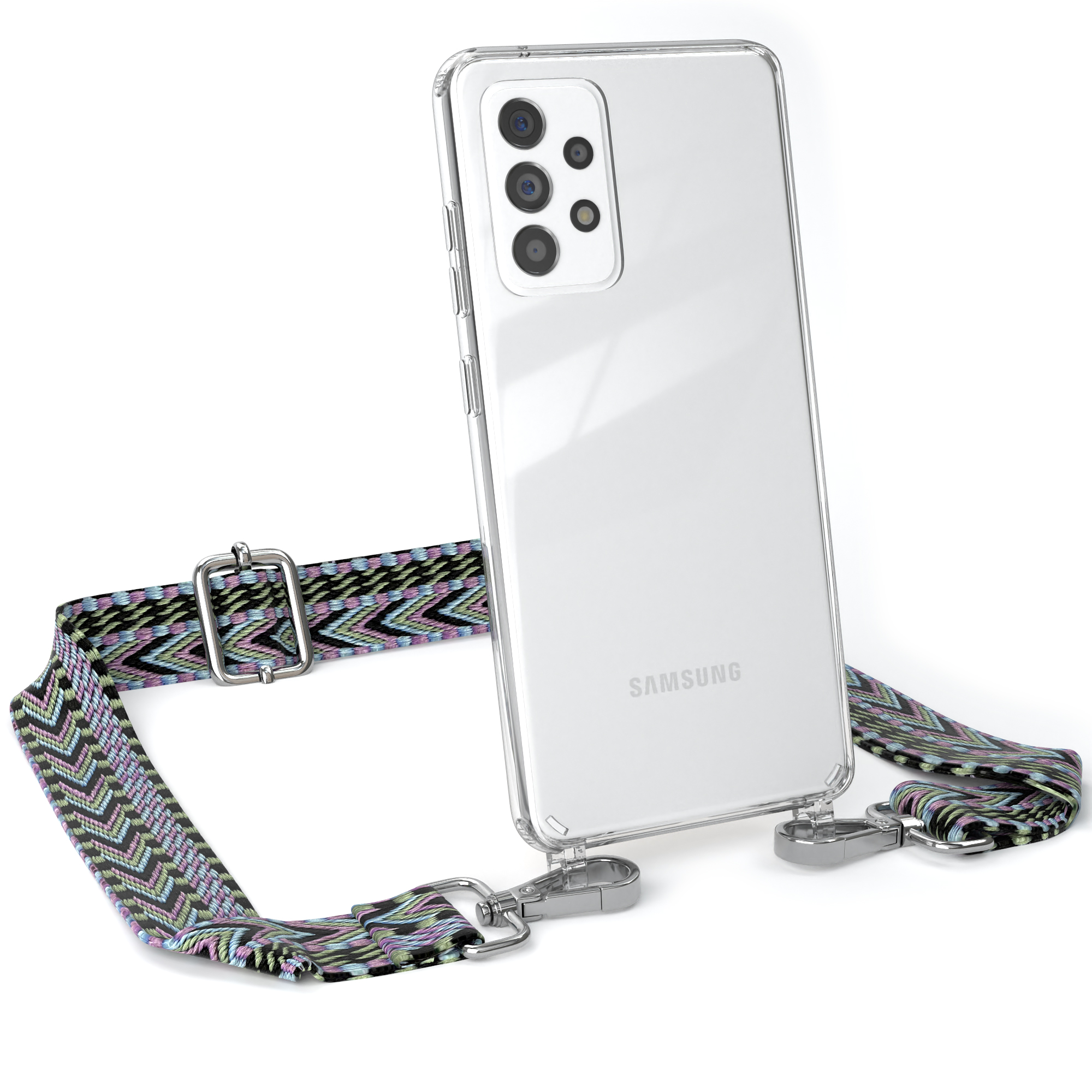 Klarer Telefonkoffer mit mehrfarbigem Riemen. Das Telefon ist weiß, der Riemen hat schwarz, lila und grüne Zickzackmuster.