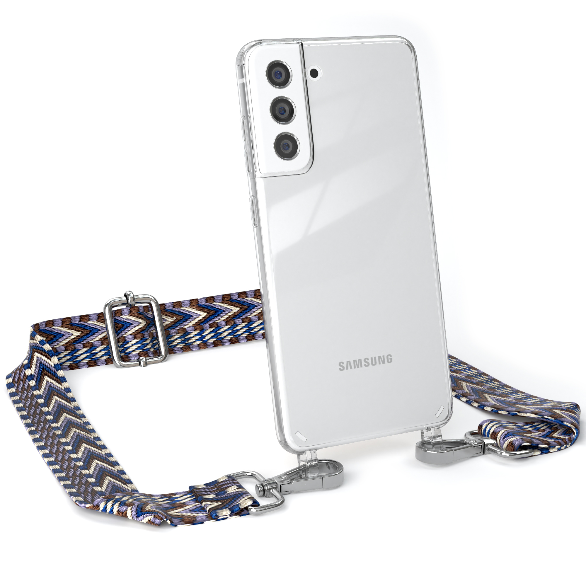 Transparente Handyhülle mit gemustertem Riemen und silbernen Verschlüssen. Samsung.