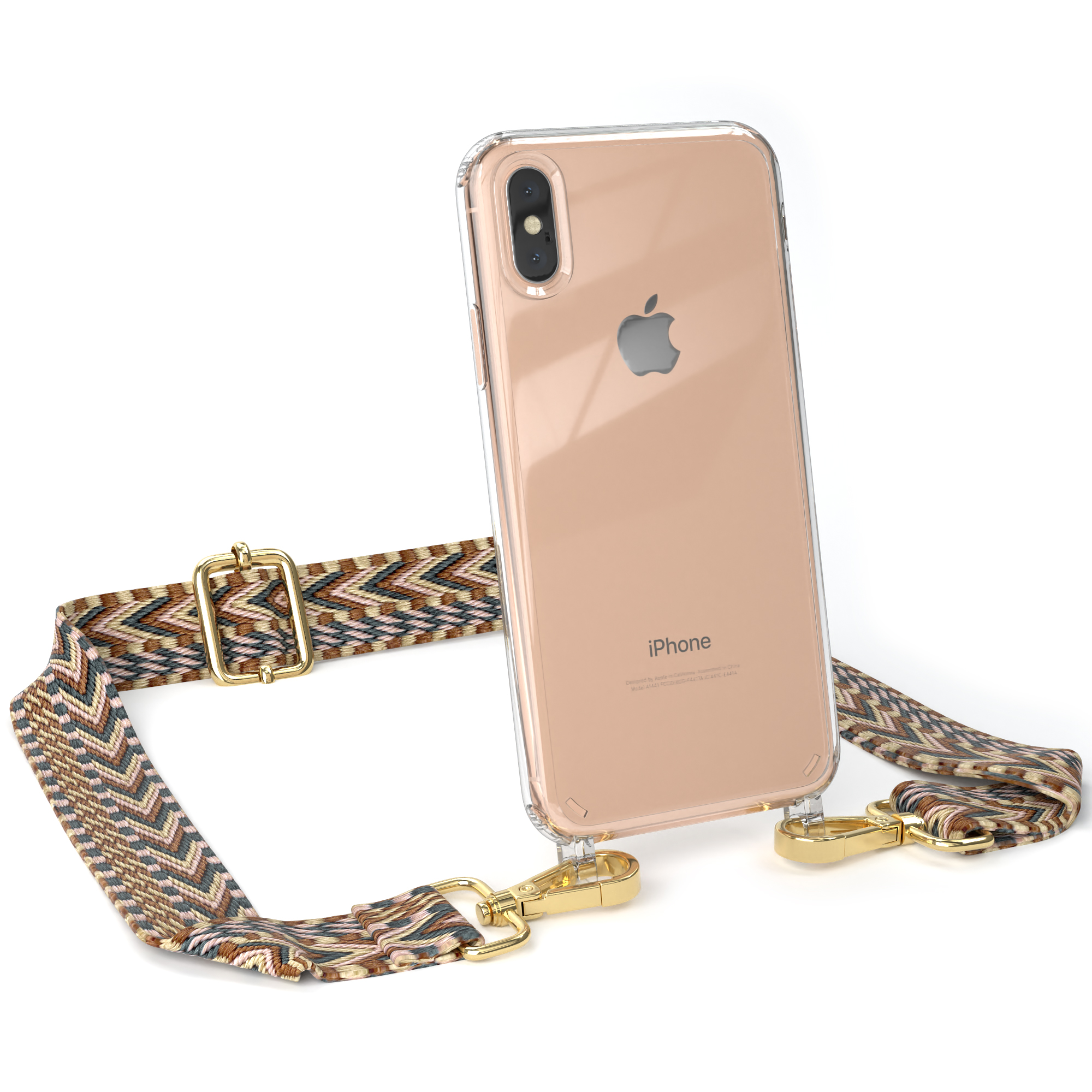 Transparente iPhone-Hülle mit Lanyard. Der Riemen hat ein blau-braunes Zickzackmuster.