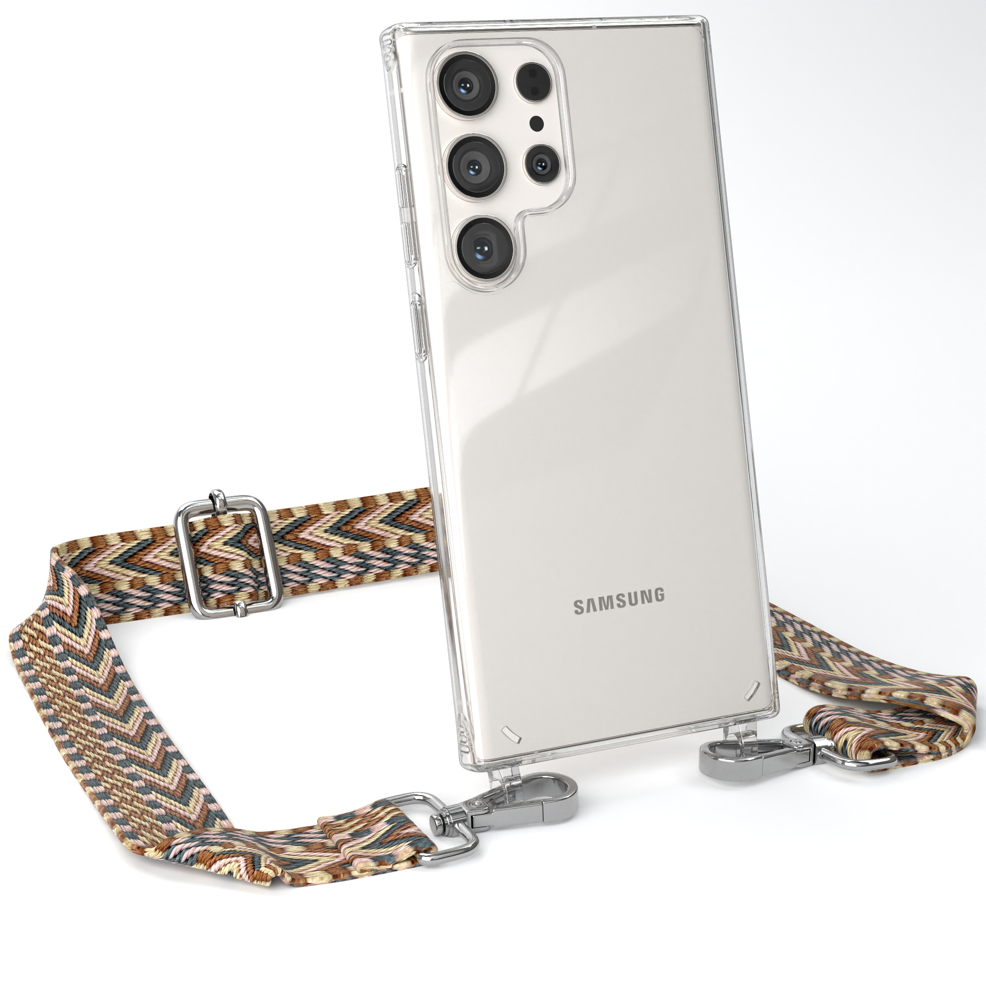 EAZY CASE Transparente Handyhülle Ultra, Umhängetasche, mit S23 Boho Samsung, Kordel Style, Galaxy Braun Mix