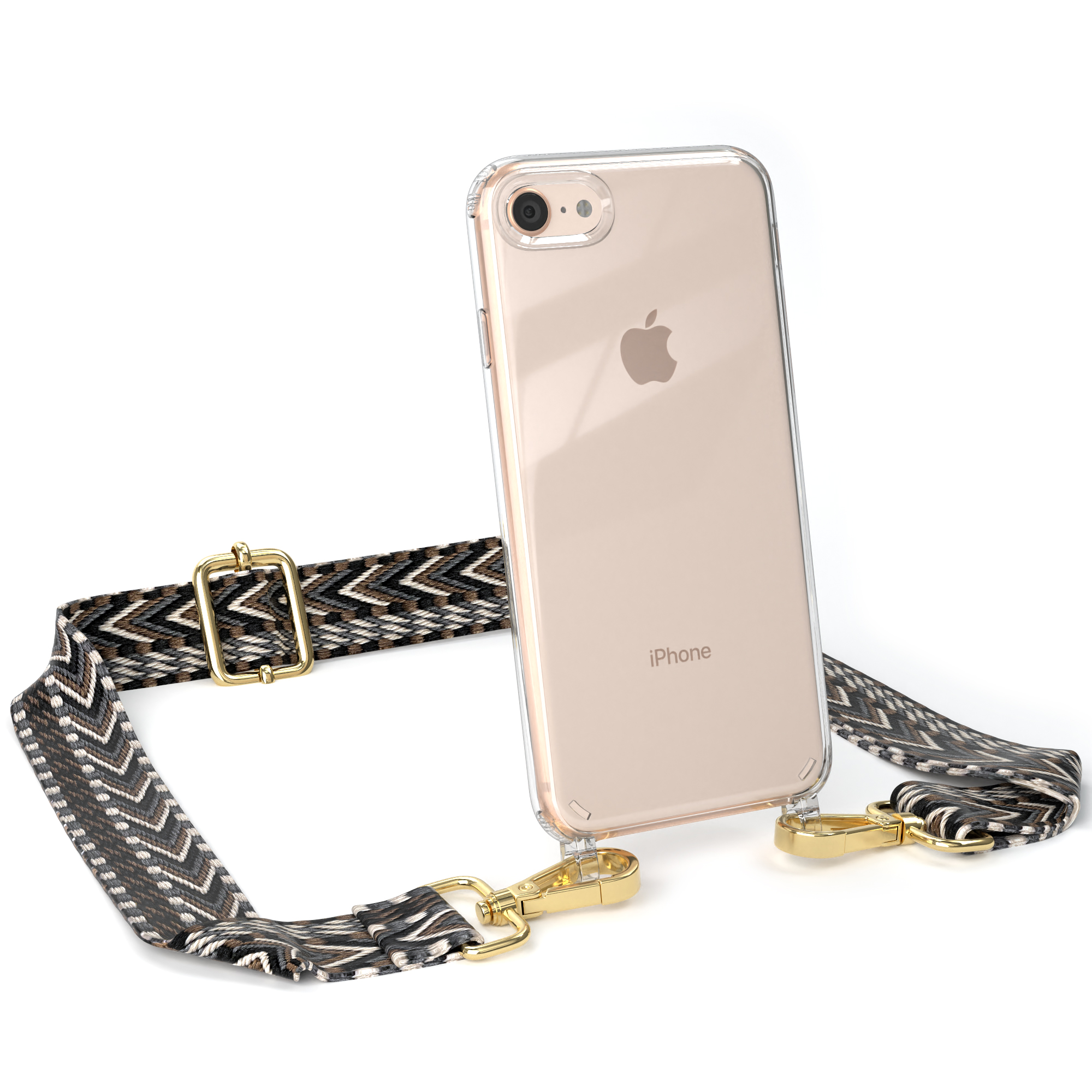 Klares iPhone mit Riemen. Der Riemen hat goldene Clips und ein farbenfrohes Muster.