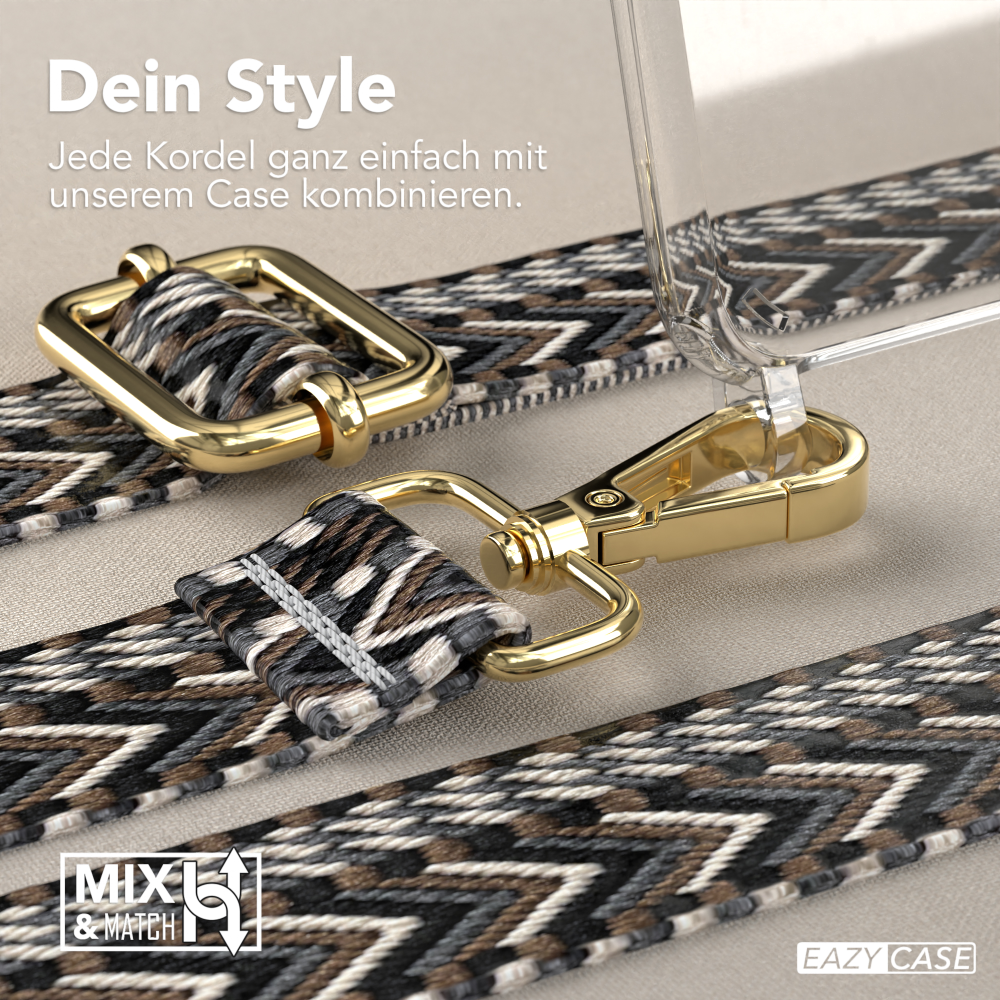 Nahaufnahme eines Telefon-Lanyards mit gemustertem Gurt und goldfarbener Hardware.