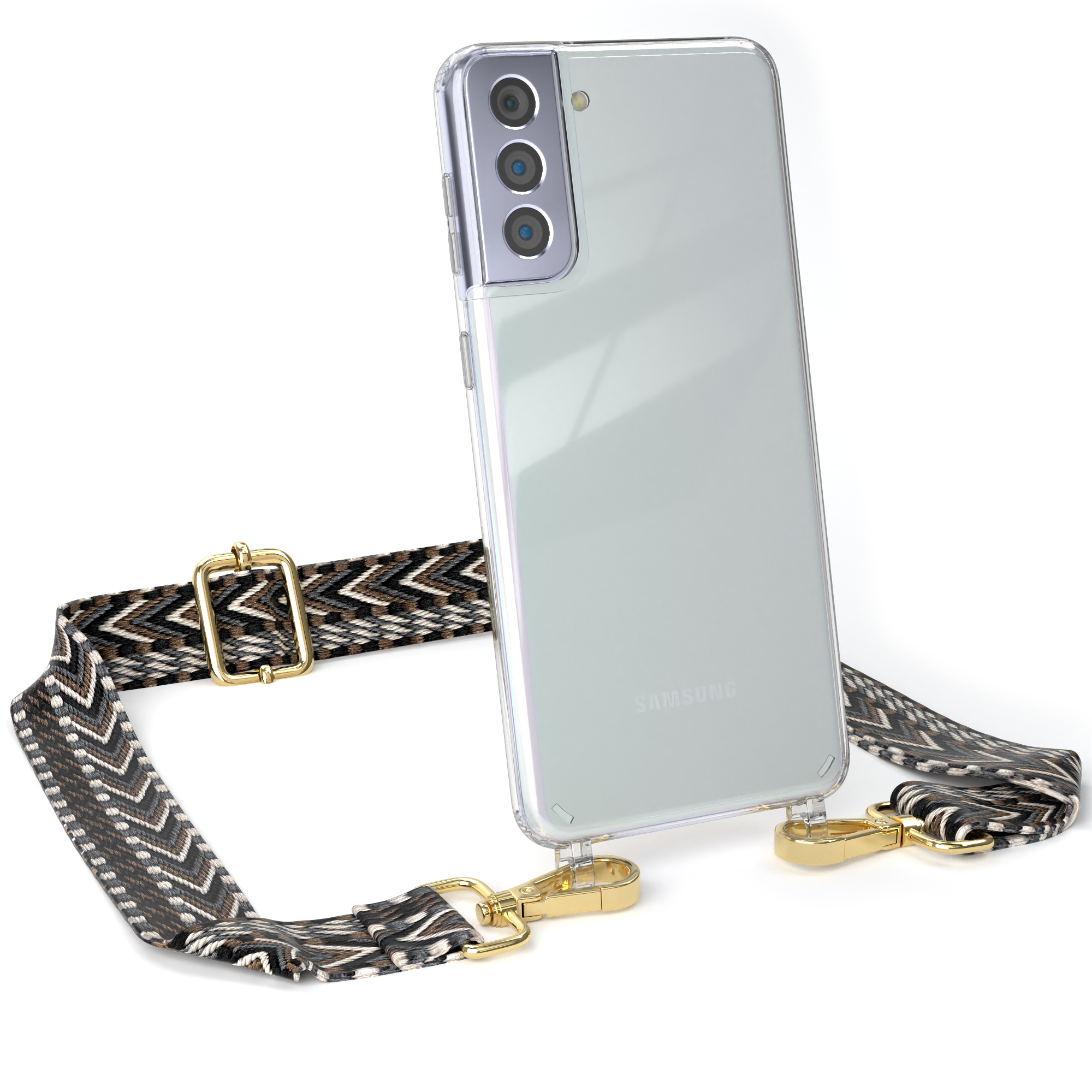 Transparente Handyhülle mit gemustertem Riemen und goldener Hardware.