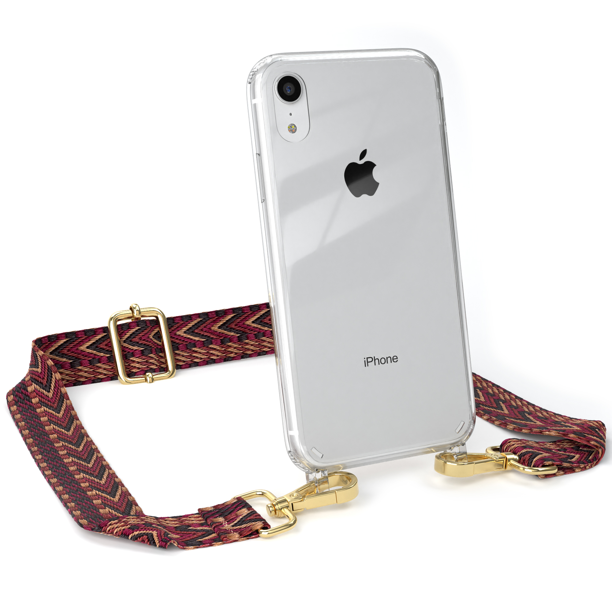 EAZY CASE iPhone Boho Kordel Style, / Braun XR, Apple, Umhängetasche, Handyhülle mit Rot Transparente