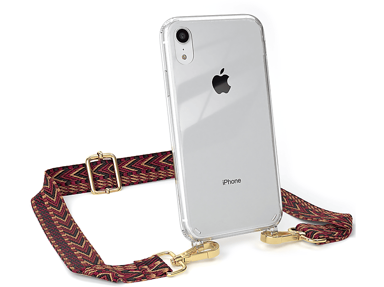 EAZY CASE Transparente Braun Boho Apple, Style, Umhängetasche, XR, iPhone Rot / Handyhülle mit Kordel