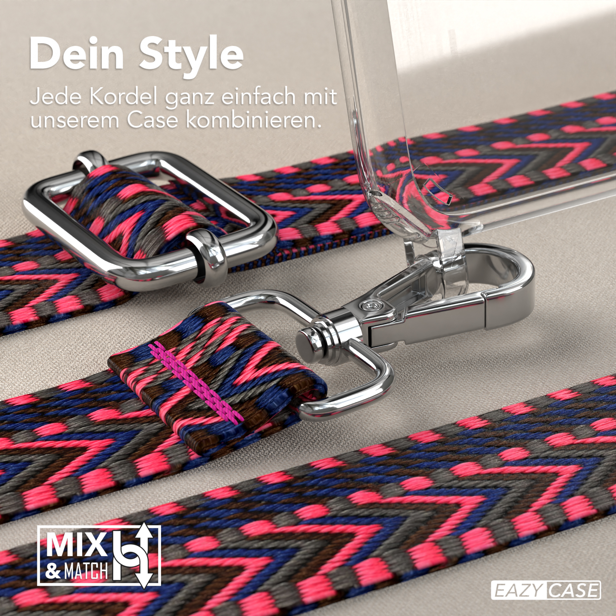 Handy-Trageriemen und -Hülle. Rosa, blau und schwarz. Text: Dein Style. Mix & Match Logo.