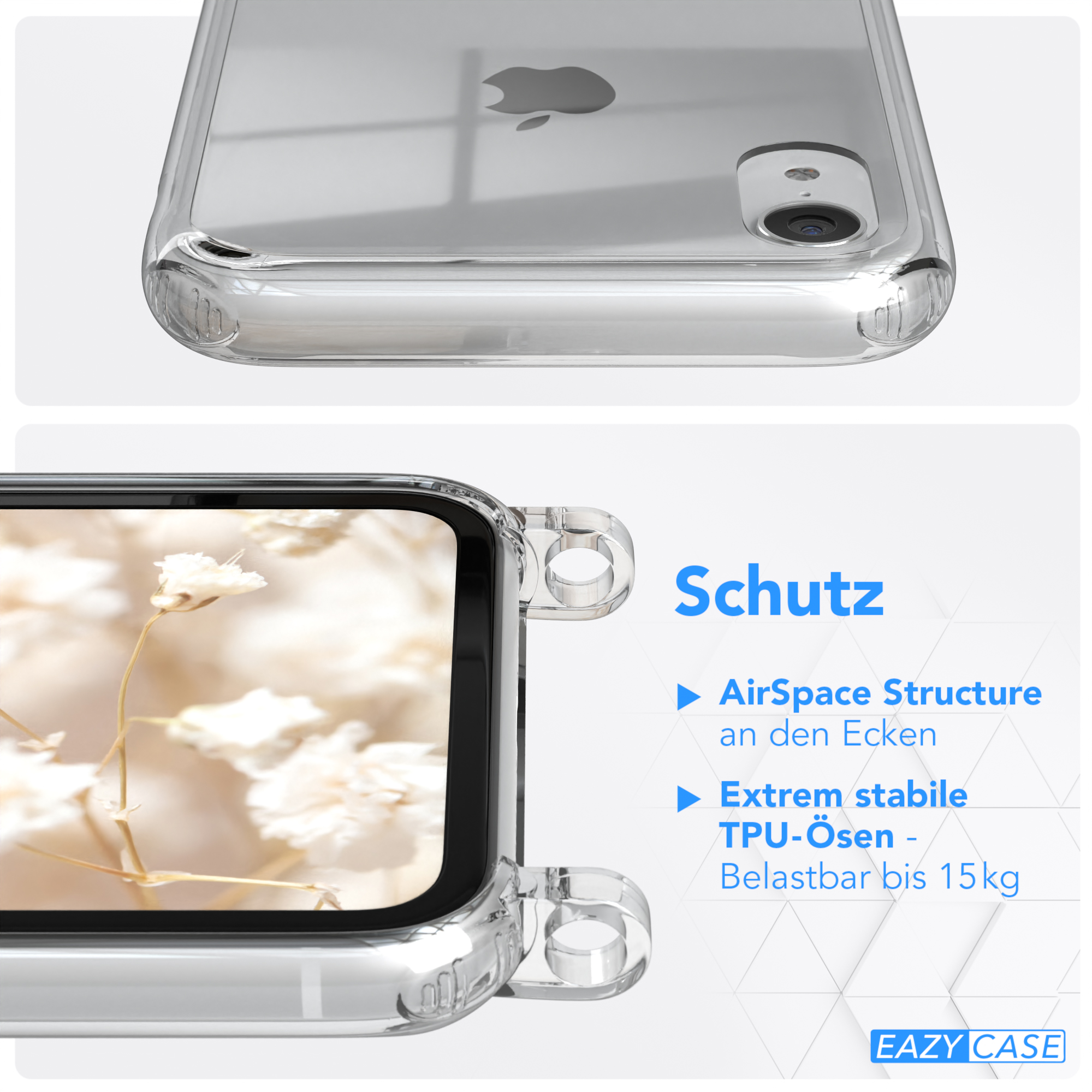 Transparente Handyhülle mit Apple-Logo. Text: 'Schutz', 'AirSpace Structure', und 'Eazy Case' Logo.