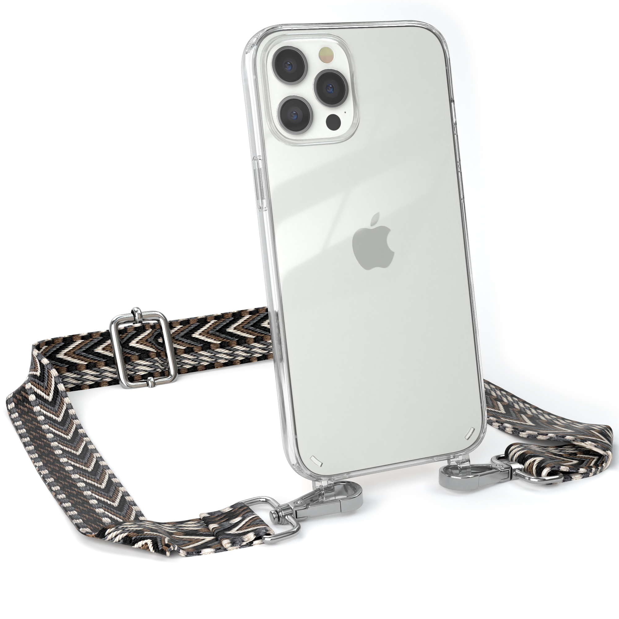 Kordel 12 Grau Schwarz Apple, Boho / CASE mit Max, EAZY Transparente Style, Umhängetasche, iPhone Handyhülle Pro