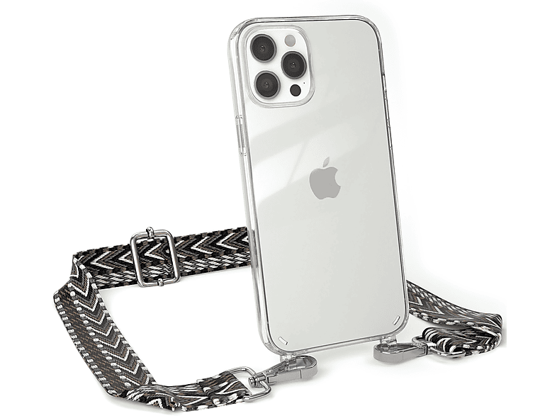iPhone EAZY 12 Style, Max, / Umhängetasche, Grau mit Pro Boho Transparente CASE Kordel Schwarz Apple, Handyhülle