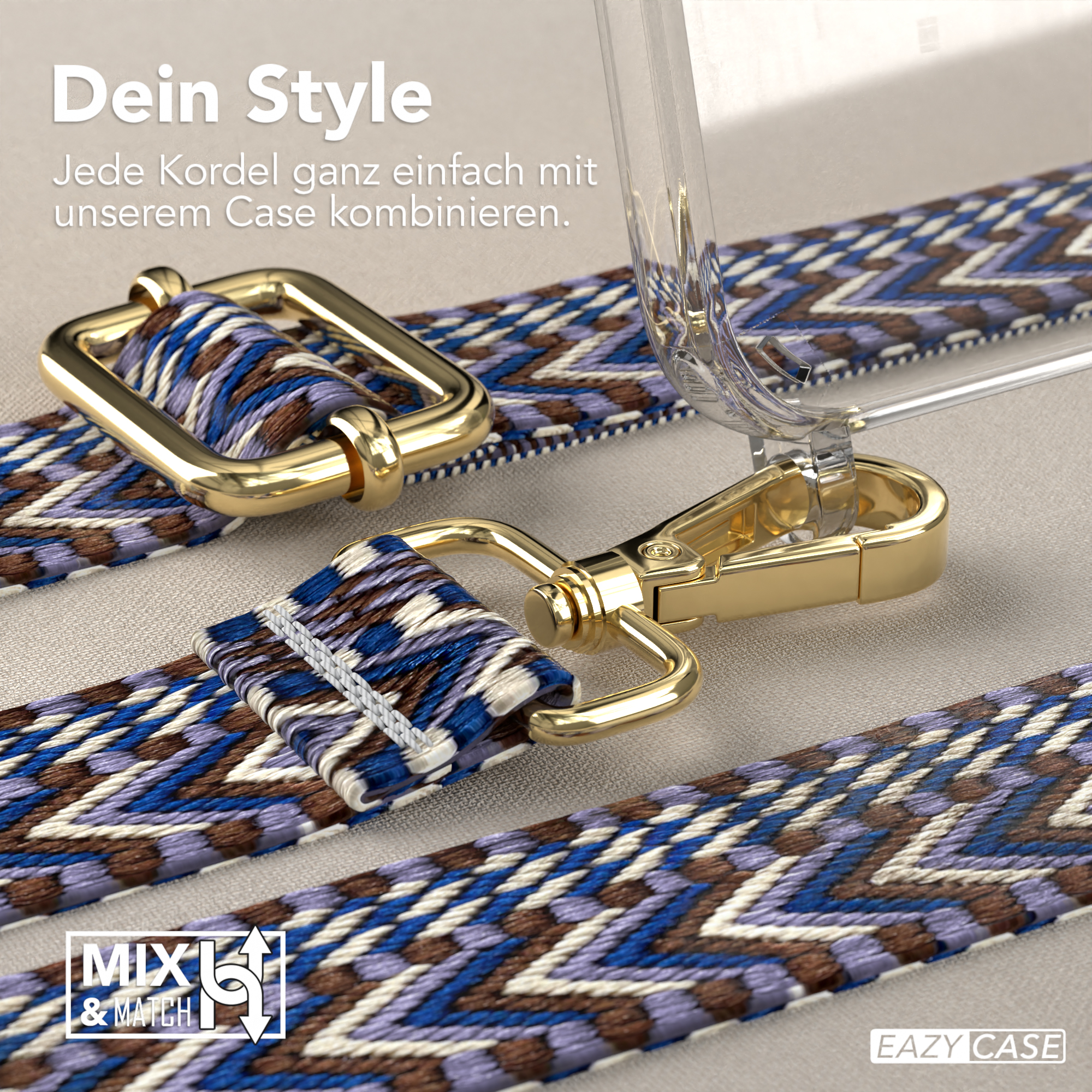 Nahaufnahme von Handyr straps und Verbindern, Text zur Kombination von Hüllen.