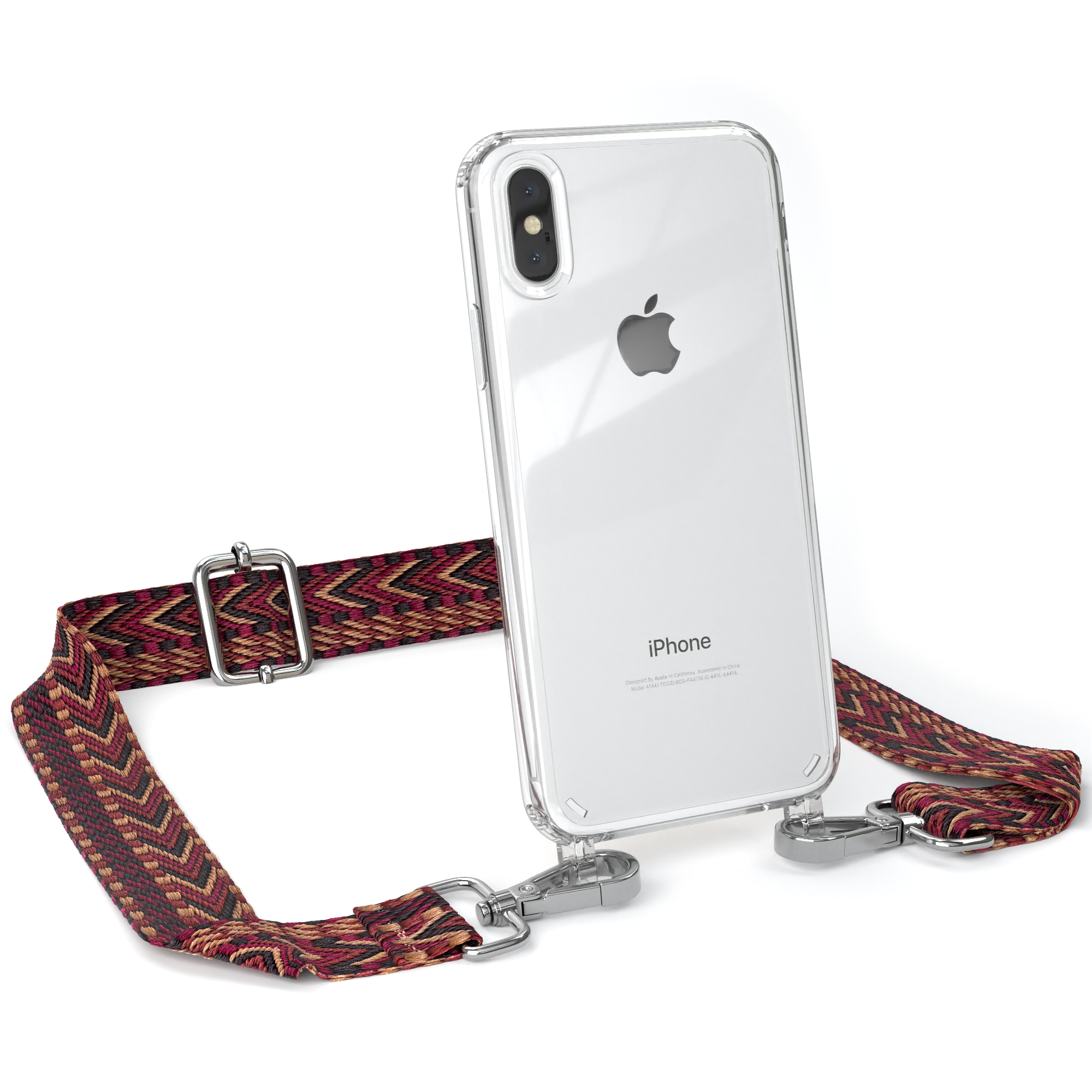 Transparente Handyhülle mit bordeauxfarbenem, gemustertem Riemen, der mit silbernen Verschlüssen befestigt ist. Ein iPhone ist geneigt.