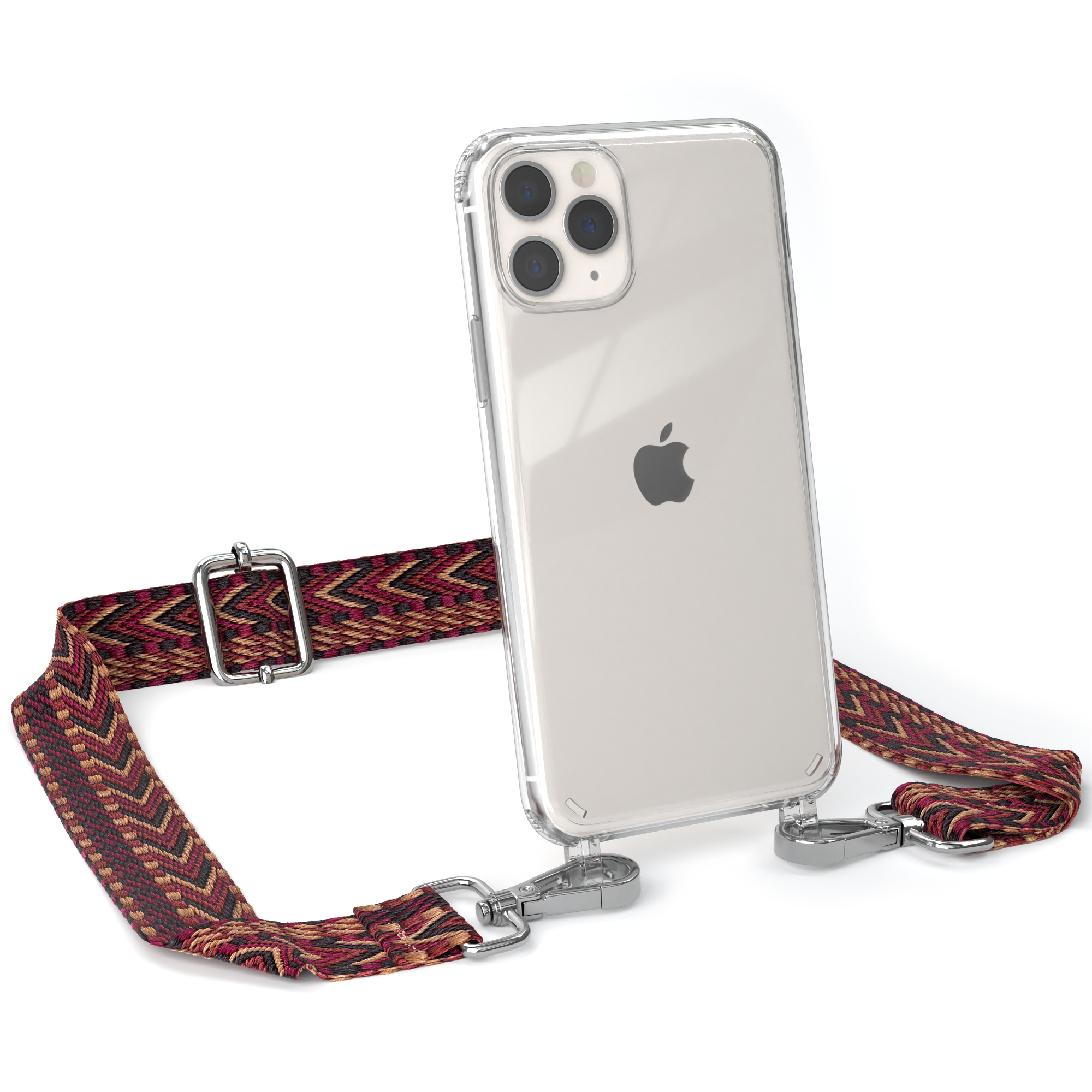 Telefon in klarer Hülle mit rotem gemustertem Riemen. Silberne Verschlüsse. Weißer Hintergrund.