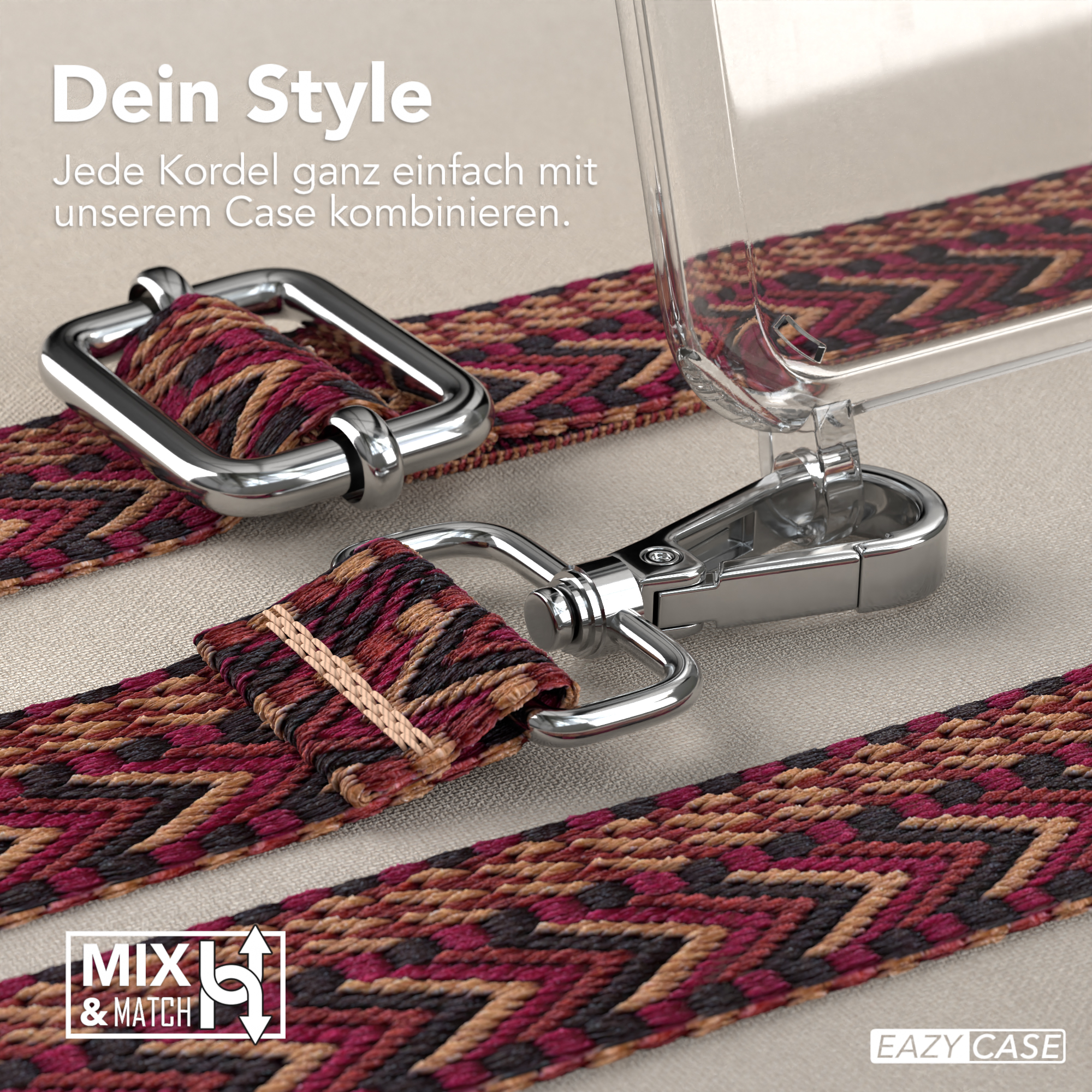 Nahaufnahme eines Riemens mit Metallclip und klarer Handyhülle. Der Riemen hat ein braunes, rotes und schwarzes geometrisches Muster.