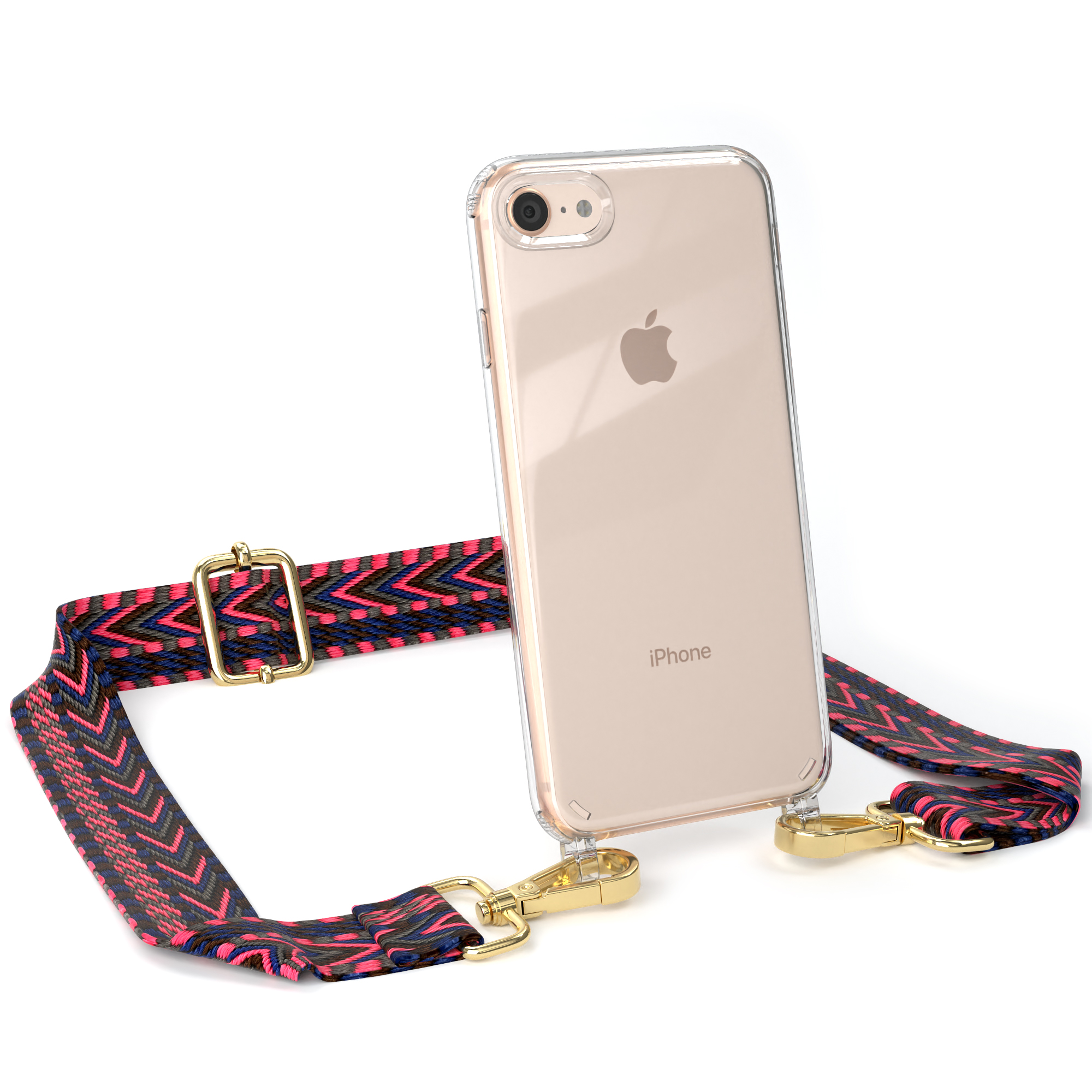 Transparente Handyhülle mit Riemen, goldenen Verschlüssen. Goldfarbenes Telefon mit Apple Logo, iPhone.
