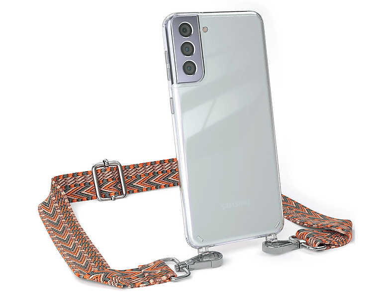EAZY CASE Transparente Handyhülle mit Kordel Boho Style, Umhängetasche, Samsung, Galaxy S21 Plus 5G, Orange / Grün | Handyketten