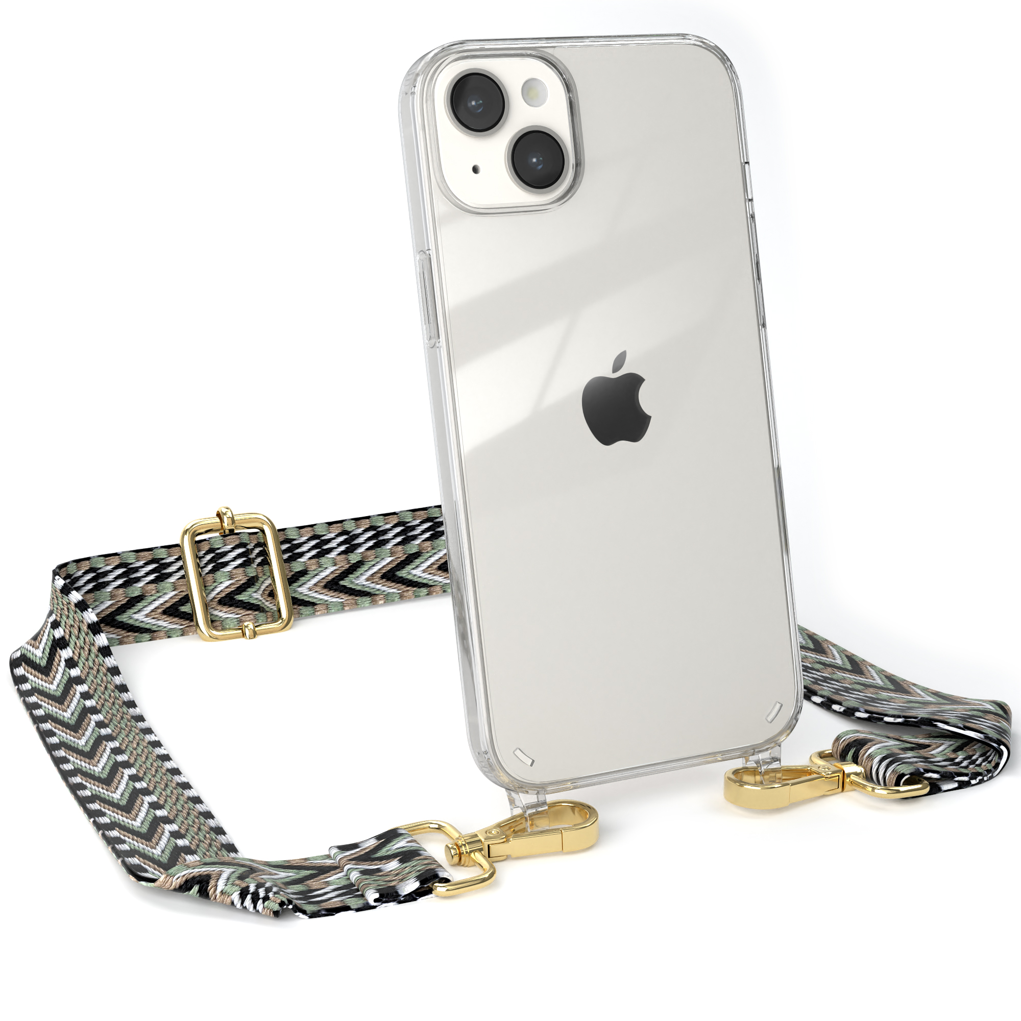 EAZY CASE Transparente Handyhülle Schwarz Grün iPhone mit Plus, Boho 14 Style, Umhängetasche, Apple, Kordel 