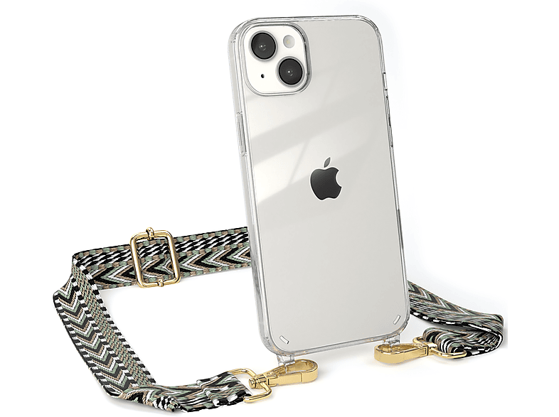 EAZY CASE Transparente Handyhülle Schwarz Grün iPhone mit Plus, Boho 14 Style, Umhängetasche, Apple, Kordel 