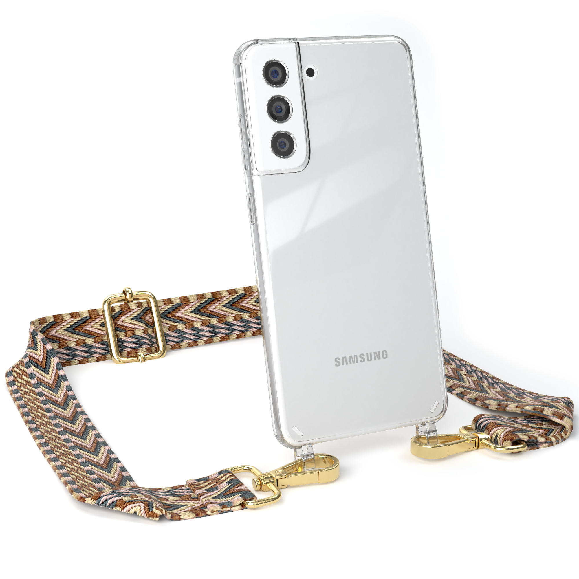 Transparente Handyhülle mit Riemen, auf weißem Hintergrund. Telefon mit Kamera, goldener Verschluss, brauner Riemen.