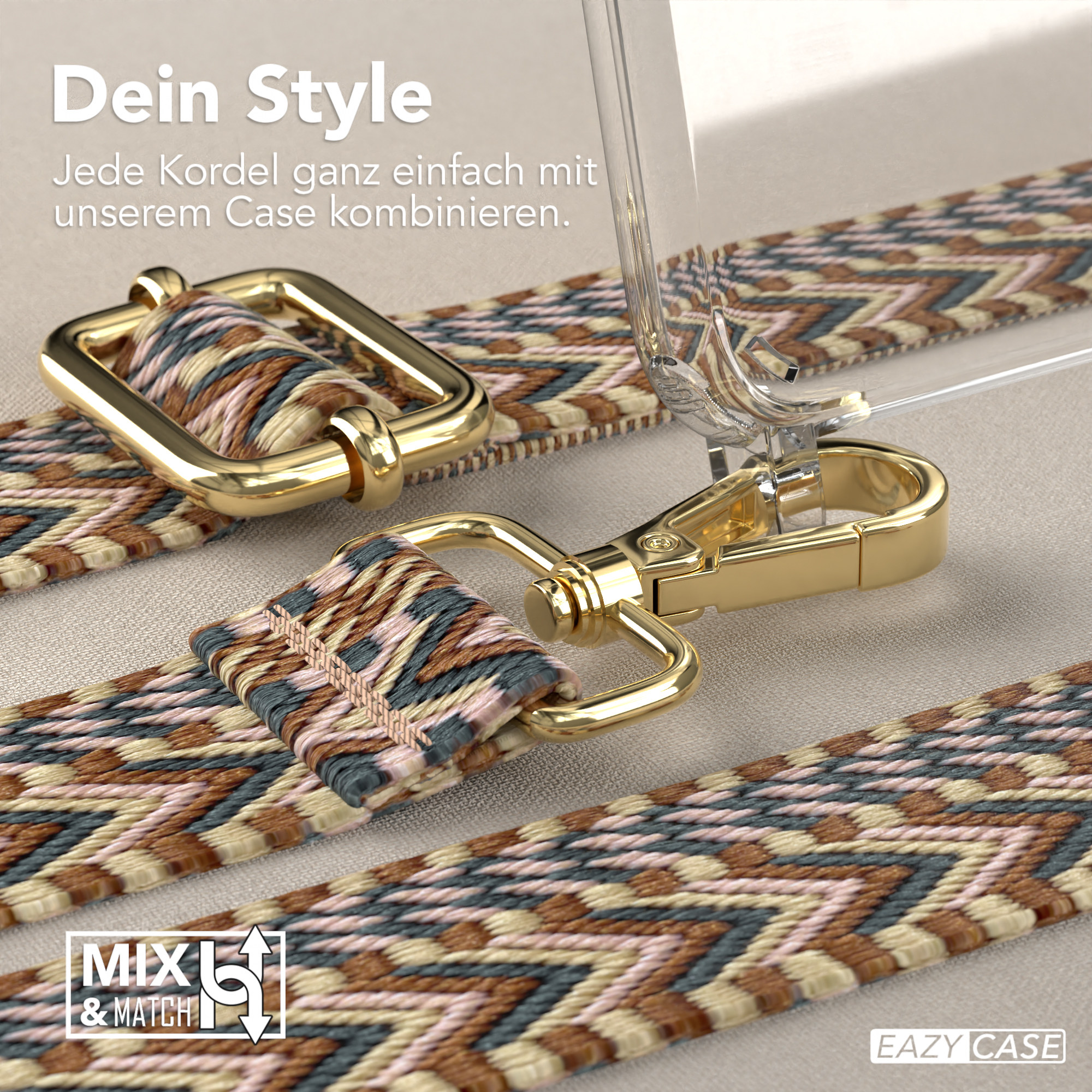 Nahaufnahme eines Handyhüllenriemens mit goldfarbener Hardware und einem komplizierten Webmuster. Text: 'Dein Style'.