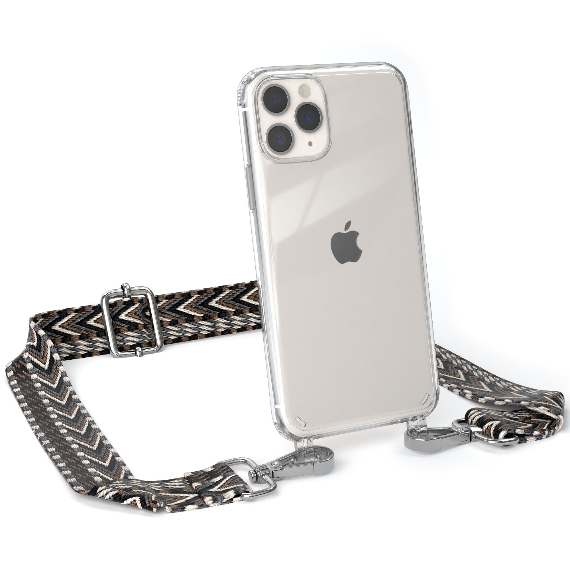 Transparente Handyhülle mit Riemen, auf weißem Hintergrund. Apple-Logo, Telefon mit Kamera, gemusterter Riemen.