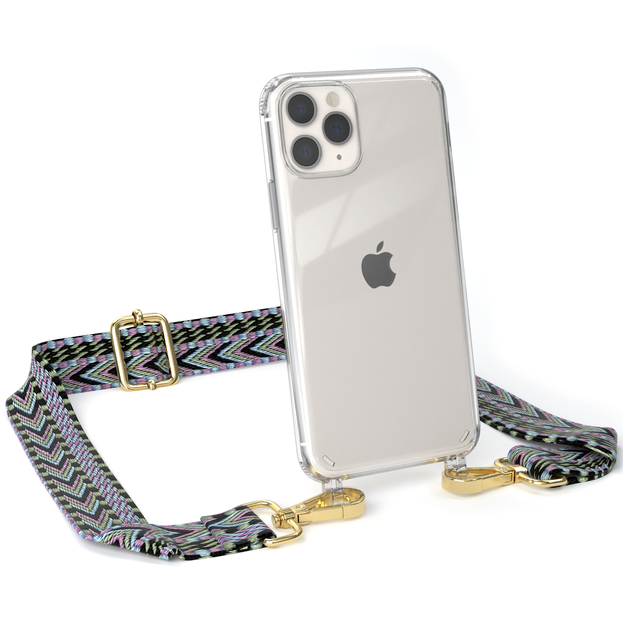 Transparente Handyhülle mit Riemen. Ein iPhone ist drin. Der Riemen ist lila, rosa und grün.