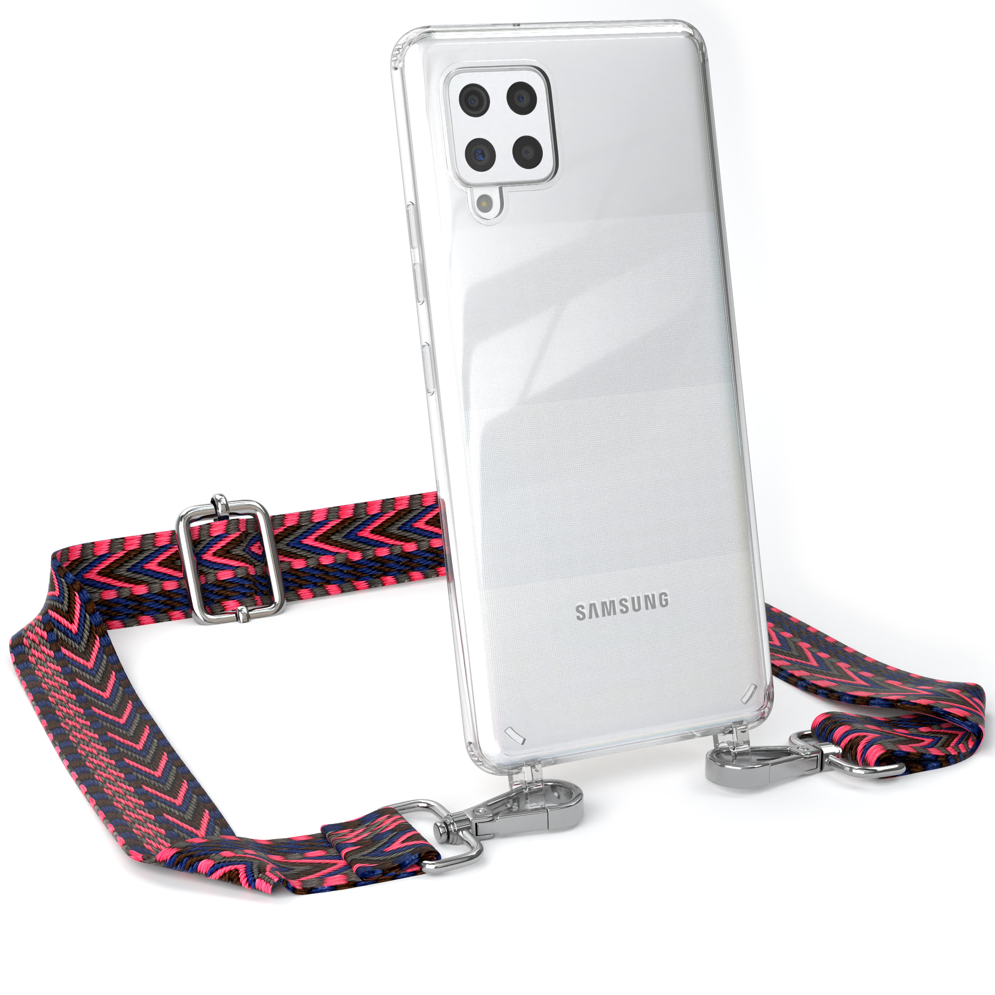Transparente Handyhülle mit pinkfarbenem und dunkelblau gemustertem Riemen. Samsung-Handy sichtbar.
